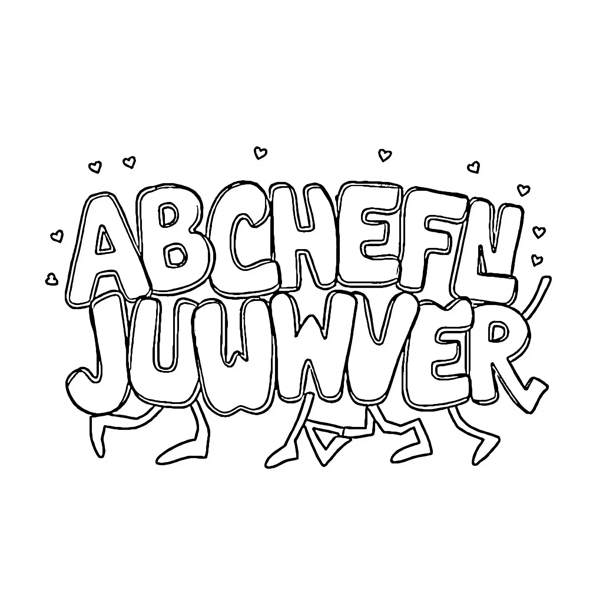 Alphabet with hearts and playful movement Coloring Page (free black-and-white line drawing printable PDF for all, from beginners to advanced learners, including children, teens, adults, and seniors)