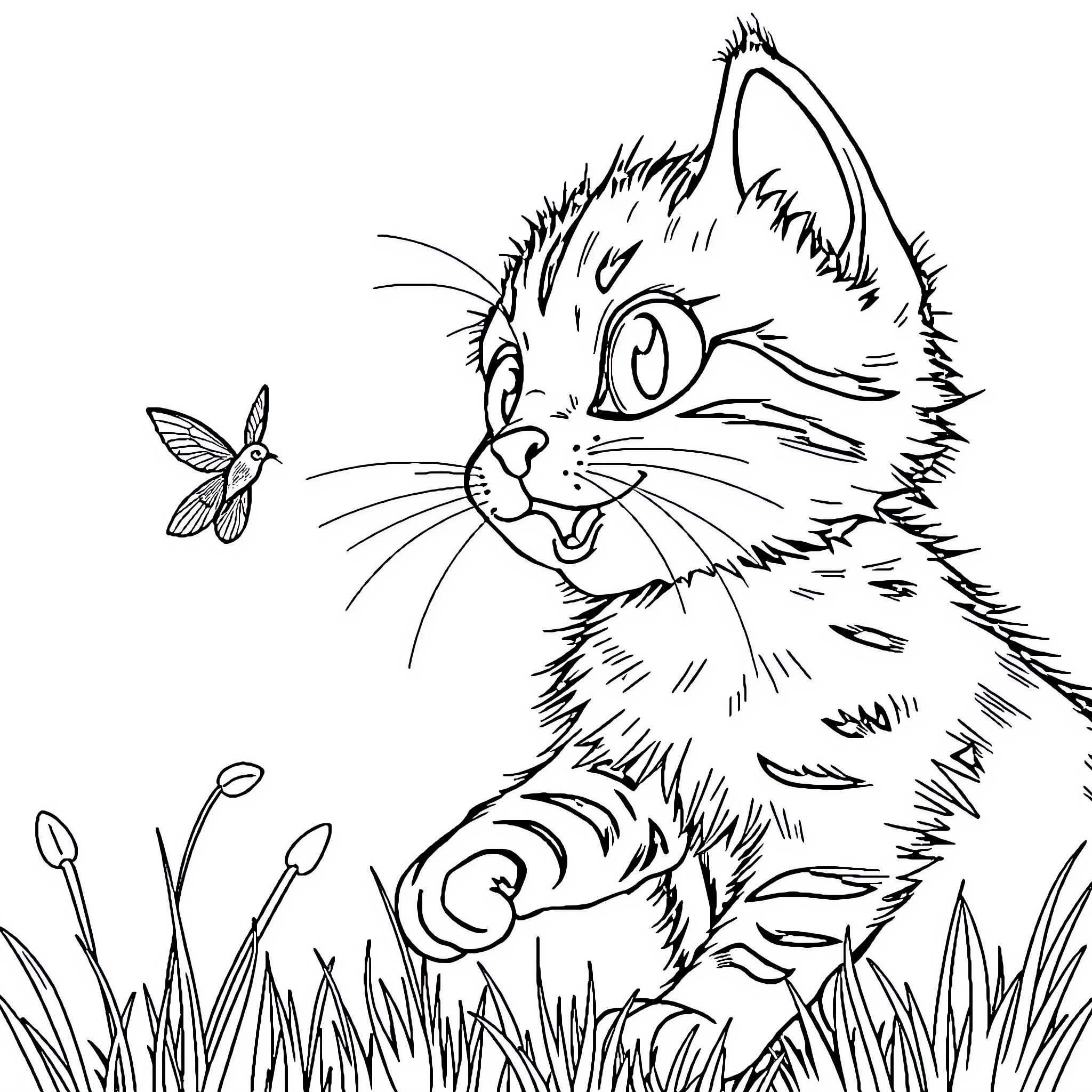 Chat with Curious Feline and Fluttering Friend Coloring Page (free black-and-white line drawing printable PDF for all, from beginners to advanced learners, including children, teens, adults, and seniors)