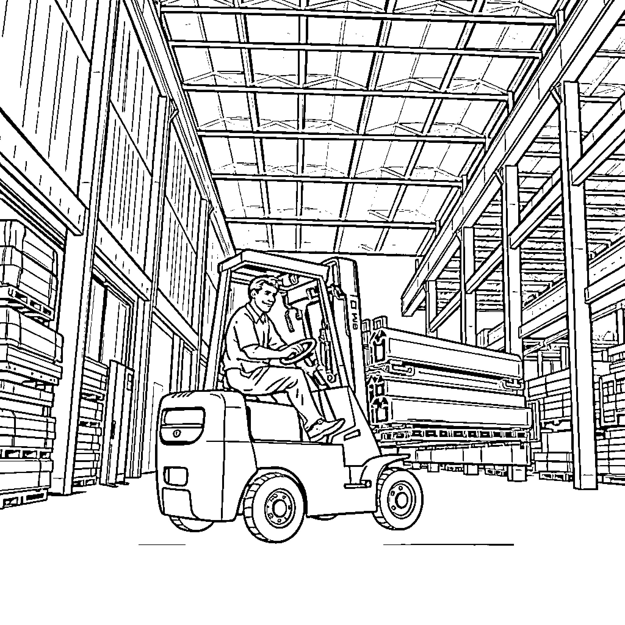 Forklift operator moving supplies in industrial warehouse Coloring Page (free black-and-white line drawing printable PDF for all, from beginners to advanced learners, including children, teens, adults, and seniors)