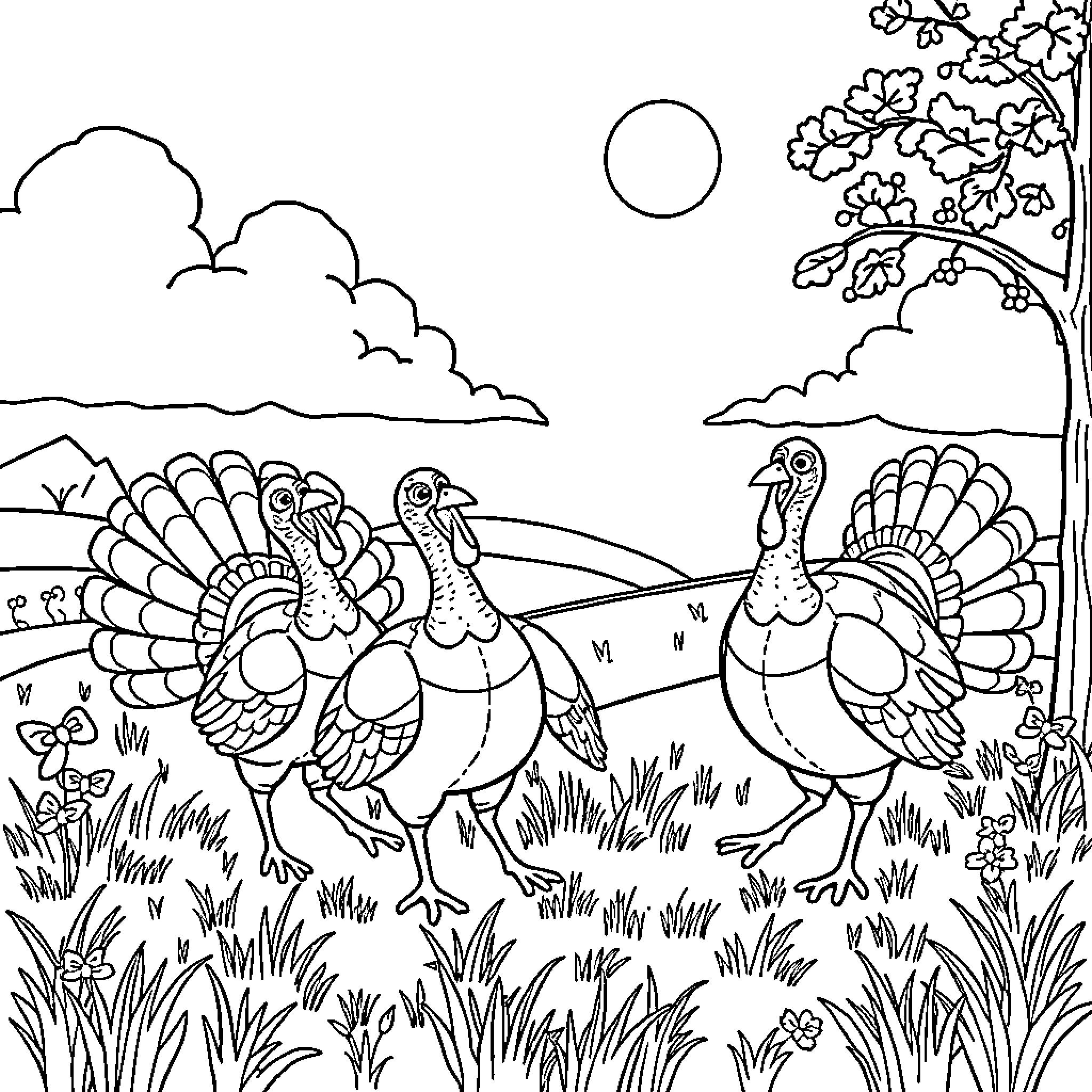 Turkey peacocks strolling in a pastoral landscape Coloring Page (free black-and-white line drawing printable PDF for all, from beginners to advanced learners, including children, teens, adults, and seniors)