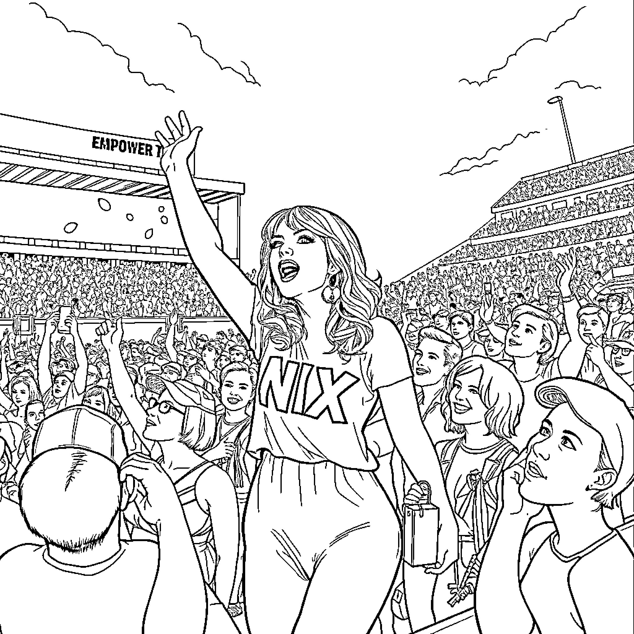 Taylor Swift Performing Energetically on Stage Coloring Page (free black-and-white line drawing printable PDF for all, from beginners to advanced learners, including children, teens, adults, and seniors)