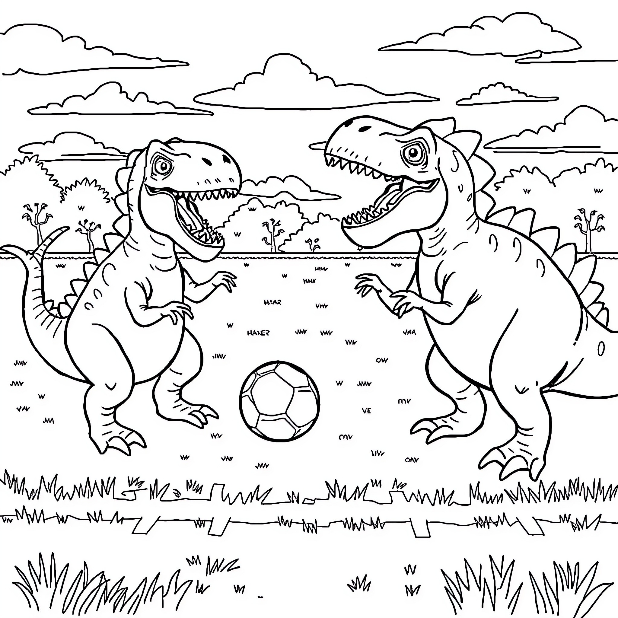 Dinosaurs playing soccer in a lush landscape Coloring Page (free black-and-white line drawing printable PDF for all, from beginners to advanced learners, including children, teens, adults, and seniors)