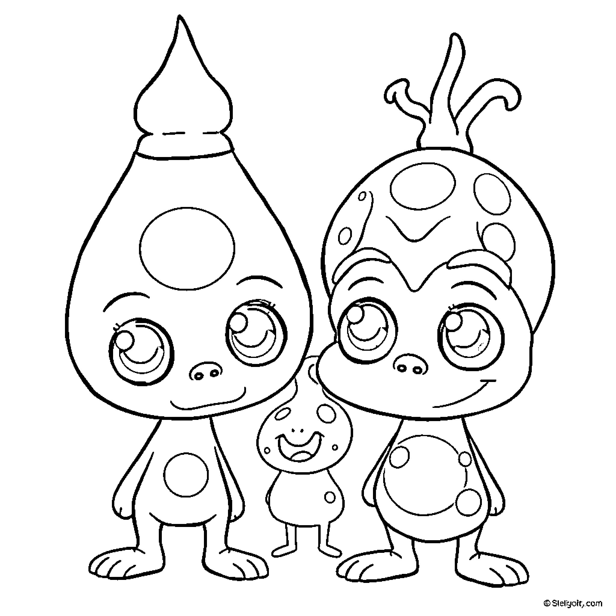 Cartoon Character Family Enjoying Playful Moment Coloring Page (free black-and-white line drawing printable PDF for all, from beginners to advanced learners, including children, teens, adults, and seniors)