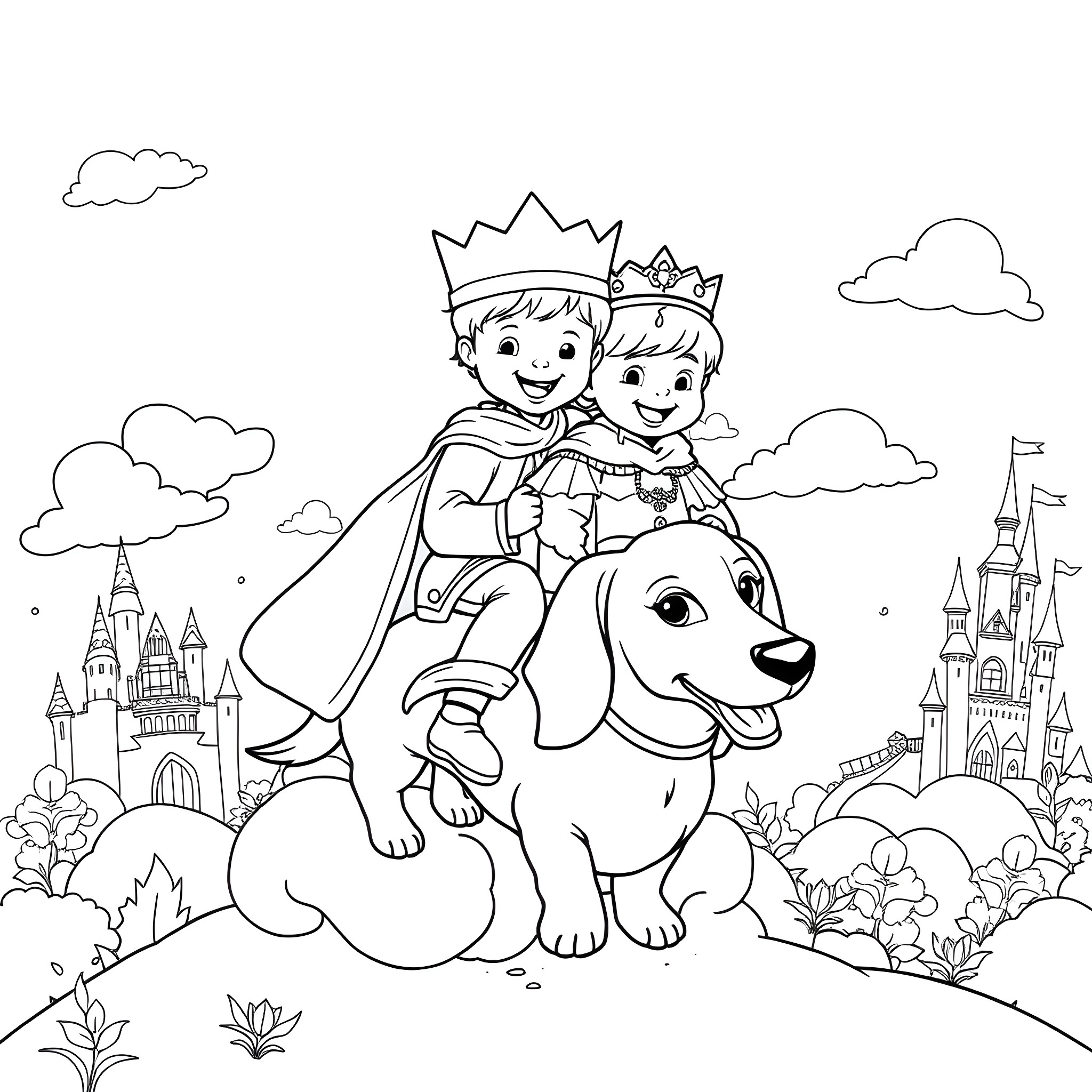 Prince and Princess Riding on a Loyal Dog in a Magical Kingdom Coloring Page (free black-and-white line drawing printable PDF for all, from beginners to advanced learners, including children, teens, adults, and seniors)