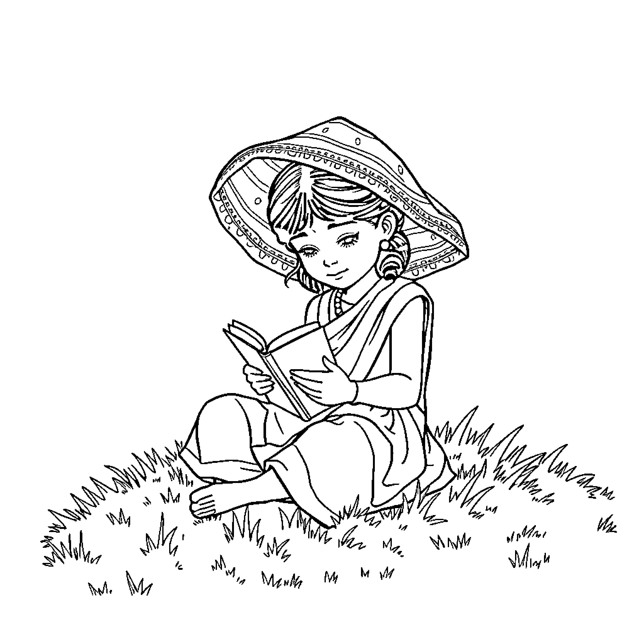 Girl reading a book outdoors in nature Coloring Page (free black-and-white line drawing printable PDF for all, from beginners to advanced learners, including children, teens, adults, and seniors)