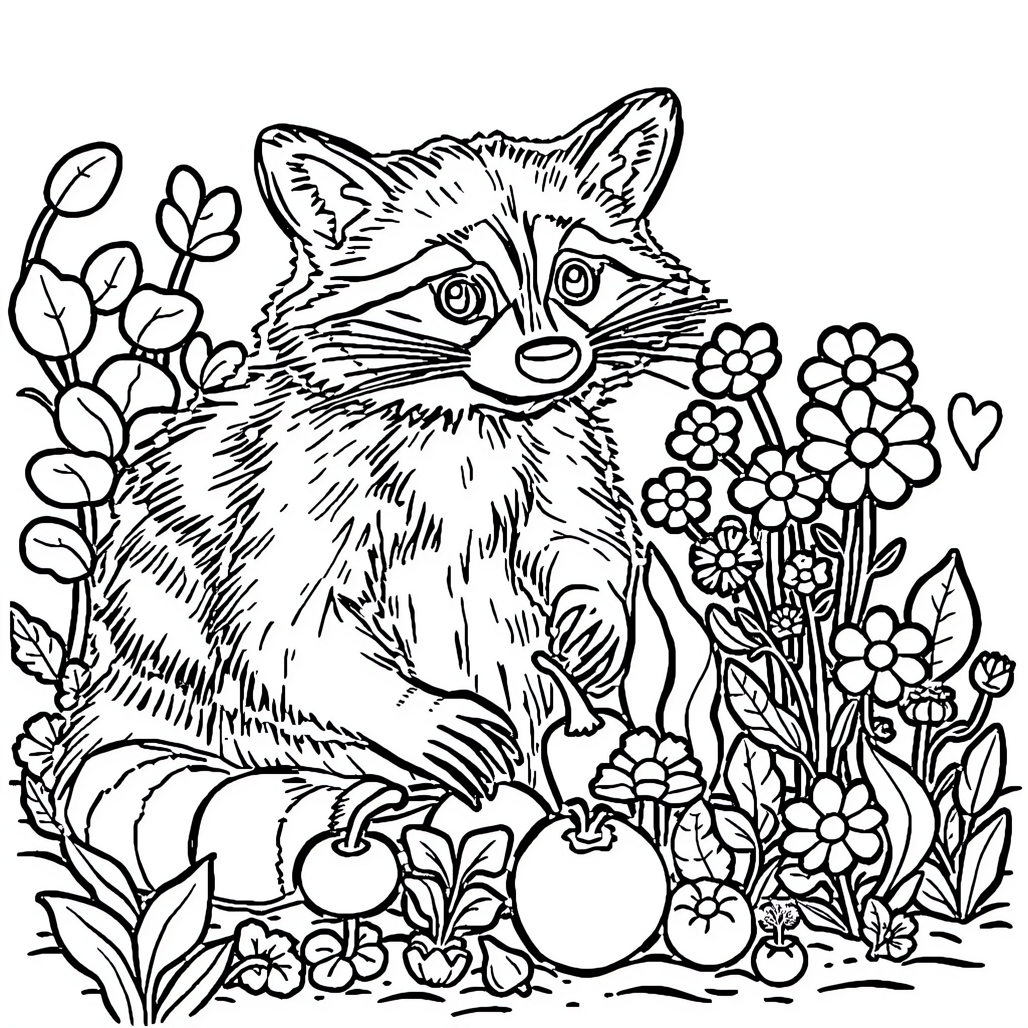 Raccoon exploring a floral garden Coloring Page (free black-and-white line drawing printable PDF for all, from beginners to advanced learners, including children, teens, adults, and seniors)