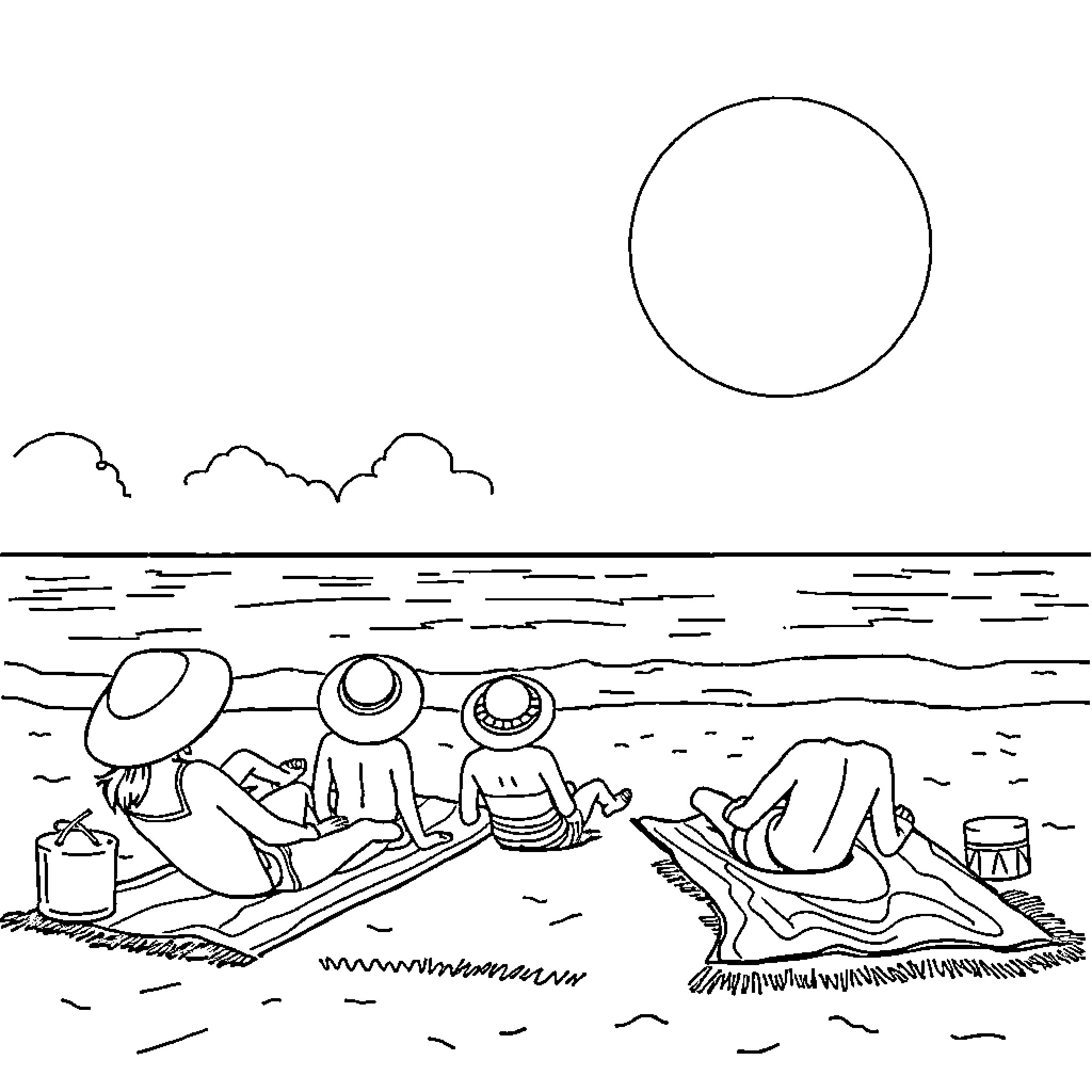 Beachgoers relaxing and enjoying the sun Coloring Page (free black-and-white line drawing printable PDF for all, from beginners to advanced learners, including children, teens, adults, and seniors)