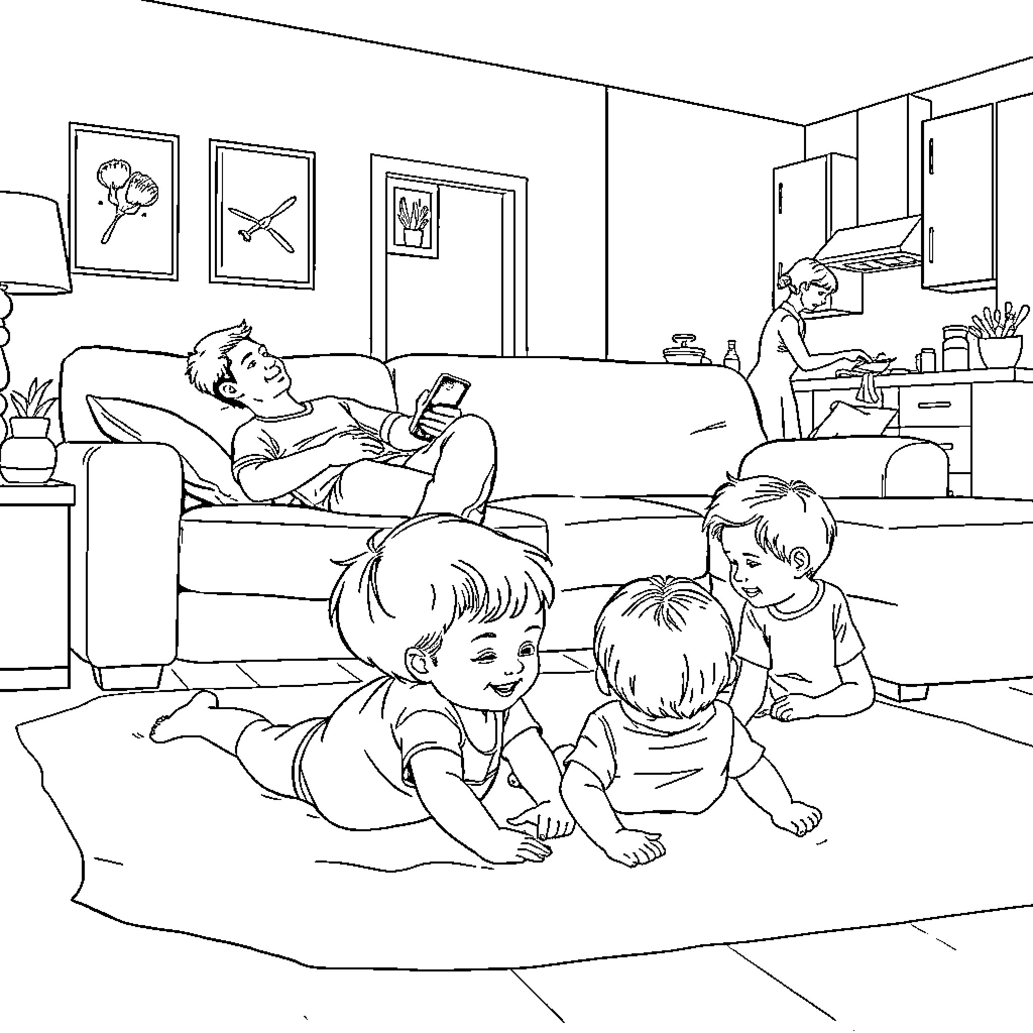 Kids playing happily on the floor at home Coloring Page (free black-and-white line drawing printable PDF for all, from beginners to advanced learners, including children, teens, adults, and seniors)