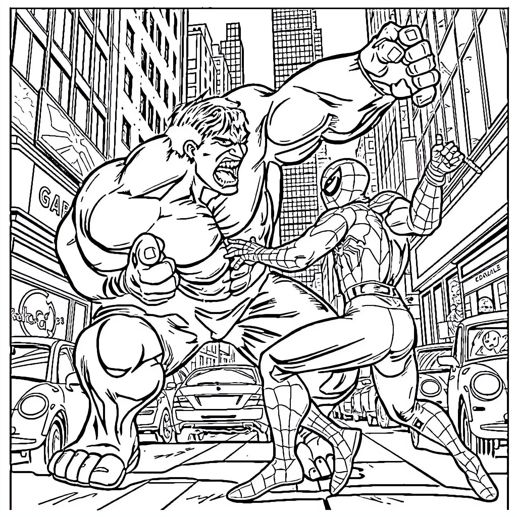 Hulk battling superheroes in the city Coloring Page (free black-and-white line drawing printable PDF for all, from beginners to advanced learners, including children, teens, adults, and seniors)