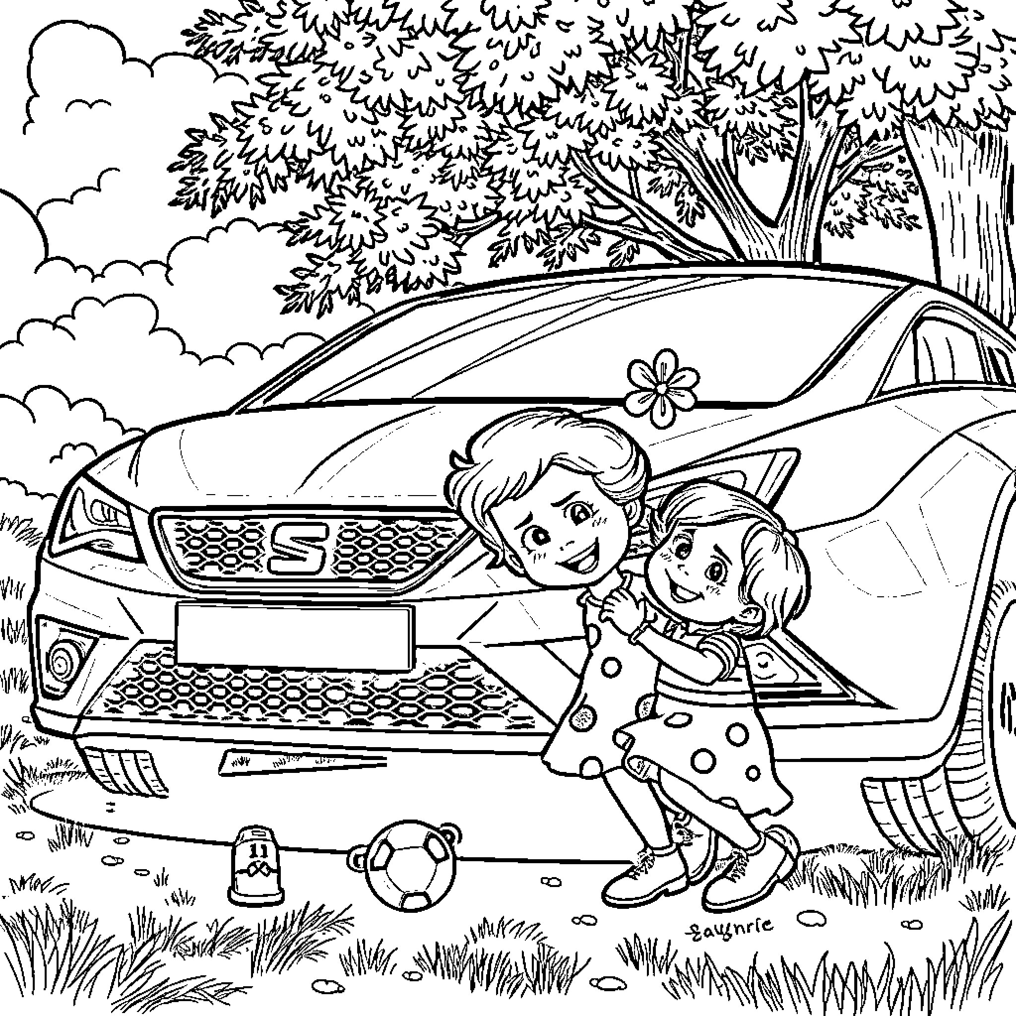 Bluey and friend playing near car in the park Coloring Page (free black-and-white line drawing printable PDF for all, from beginners to advanced learners, including children, teens, adults, and seniors)