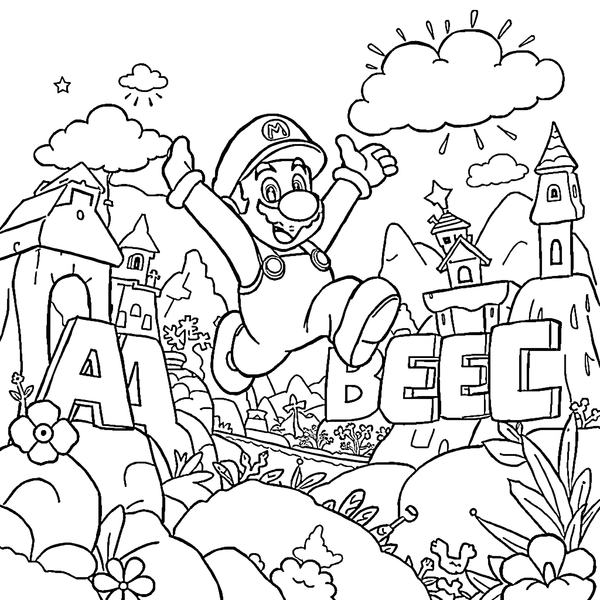 Mario Exploring a Whimsical Landscape Coloring Page (free black-and-white line drawing printable PDF for all, from beginners to advanced learners, including children, teens, adults, and seniors)