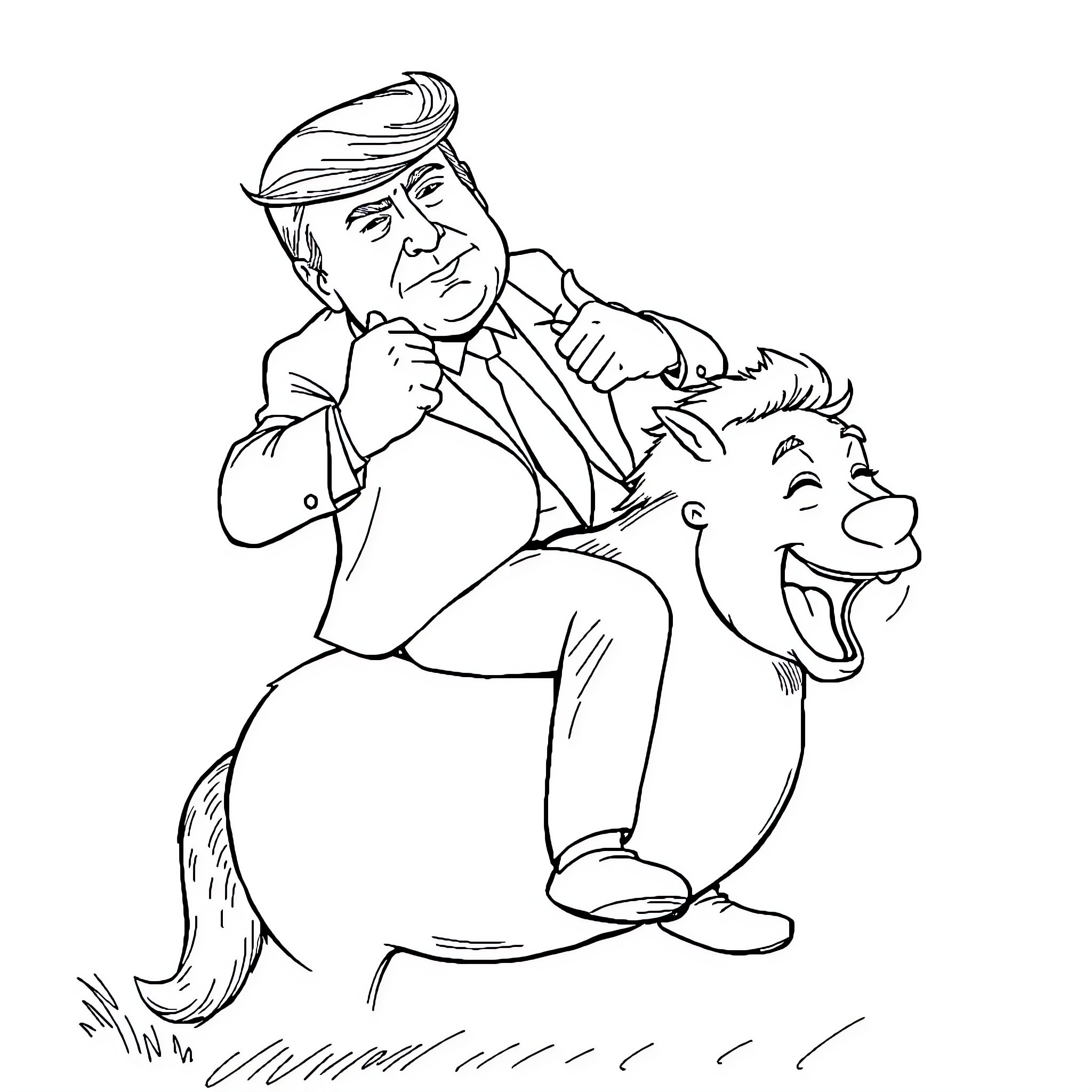Donald Trump riding a cartoon horse Coloring Page (free black-and-white line drawing printable PDF for all, from beginners to advanced learners, including children, teens, adults, and seniors)