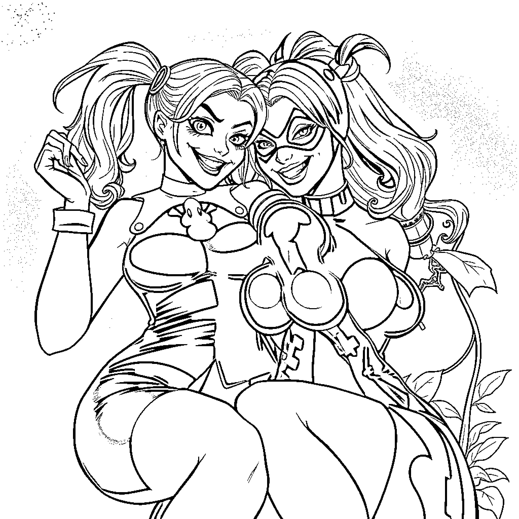 Harley Quinn and Joker in Mischievous Poses Coloring Page (free black-and-white line drawing printable PDF for all, from beginners to advanced learners, including children, teens, adults, and seniors)