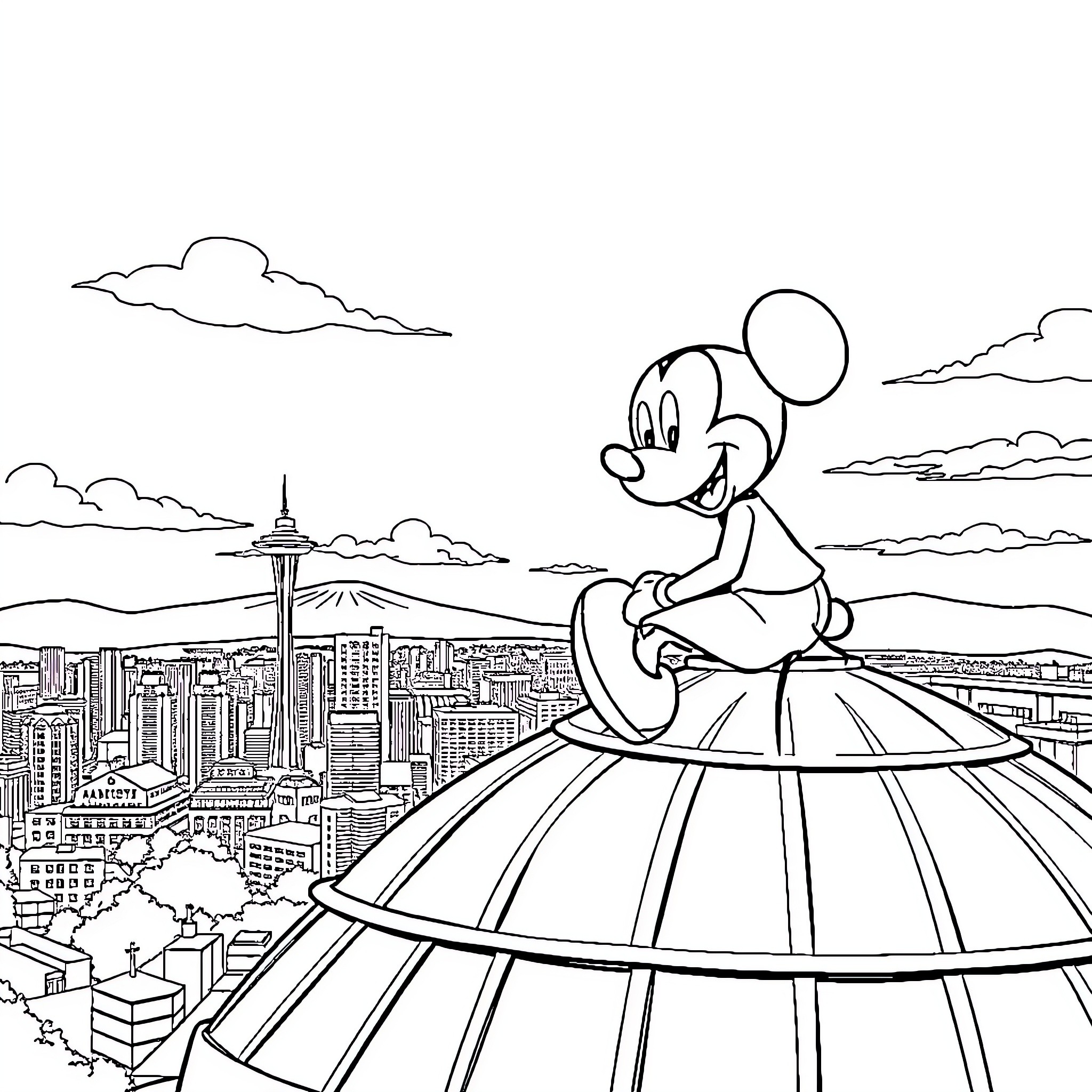 Mickey Mouse enjoying panoramic city view Coloring Page (free black-and-white line drawing printable PDF for all, from beginners to advanced learners, including children, teens, adults, and seniors)
