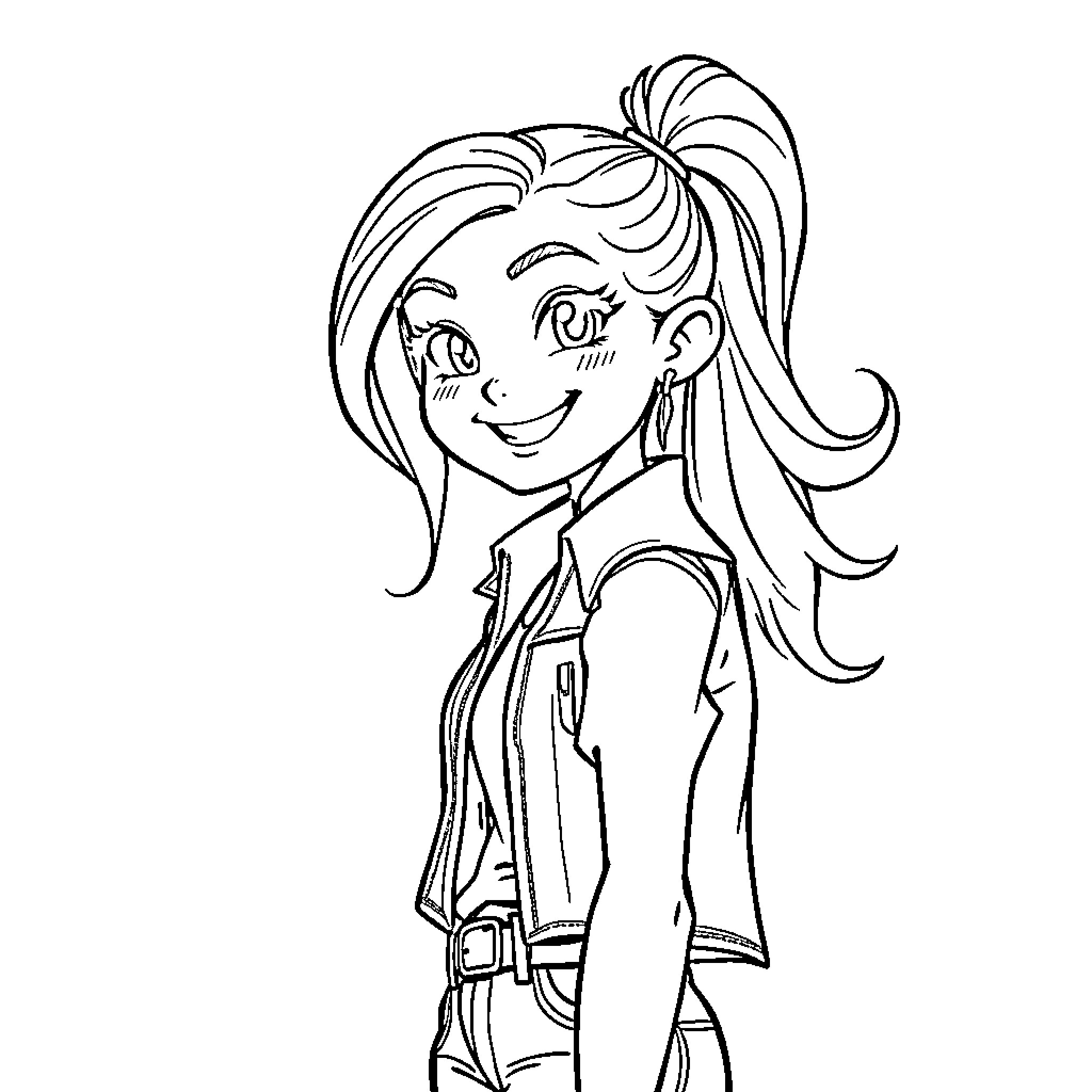 Teen Girl in Casual Outfit with Cheerful Expression Coloring Page (free black-and-white line drawing printable PDF for all, from beginners to advanced learners, including children, teens, adults, and seniors)
