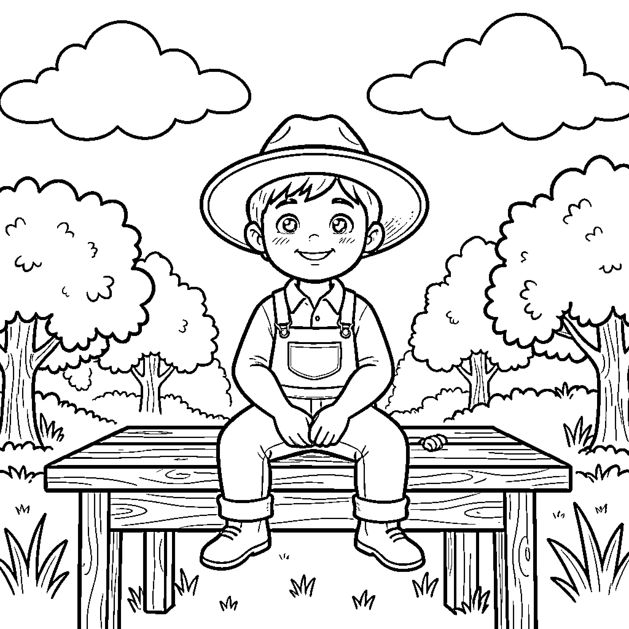 Niño enjoying the outdoors on a bench Coloring Page (free black-and-white line drawing printable PDF for all, from beginners to advanced learners, including children, teens, adults, and seniors)