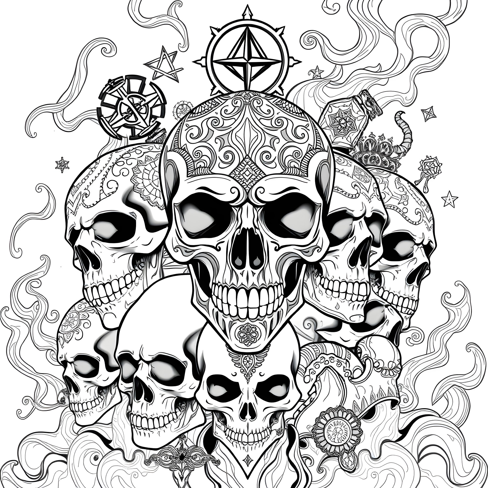 Skull Collage of Ornate Skulls and Mystical Symbols Coloring Page (free black-and-white line drawing printable PDF for all, from beginners to advanced learners, including children, teens, adults, and seniors)