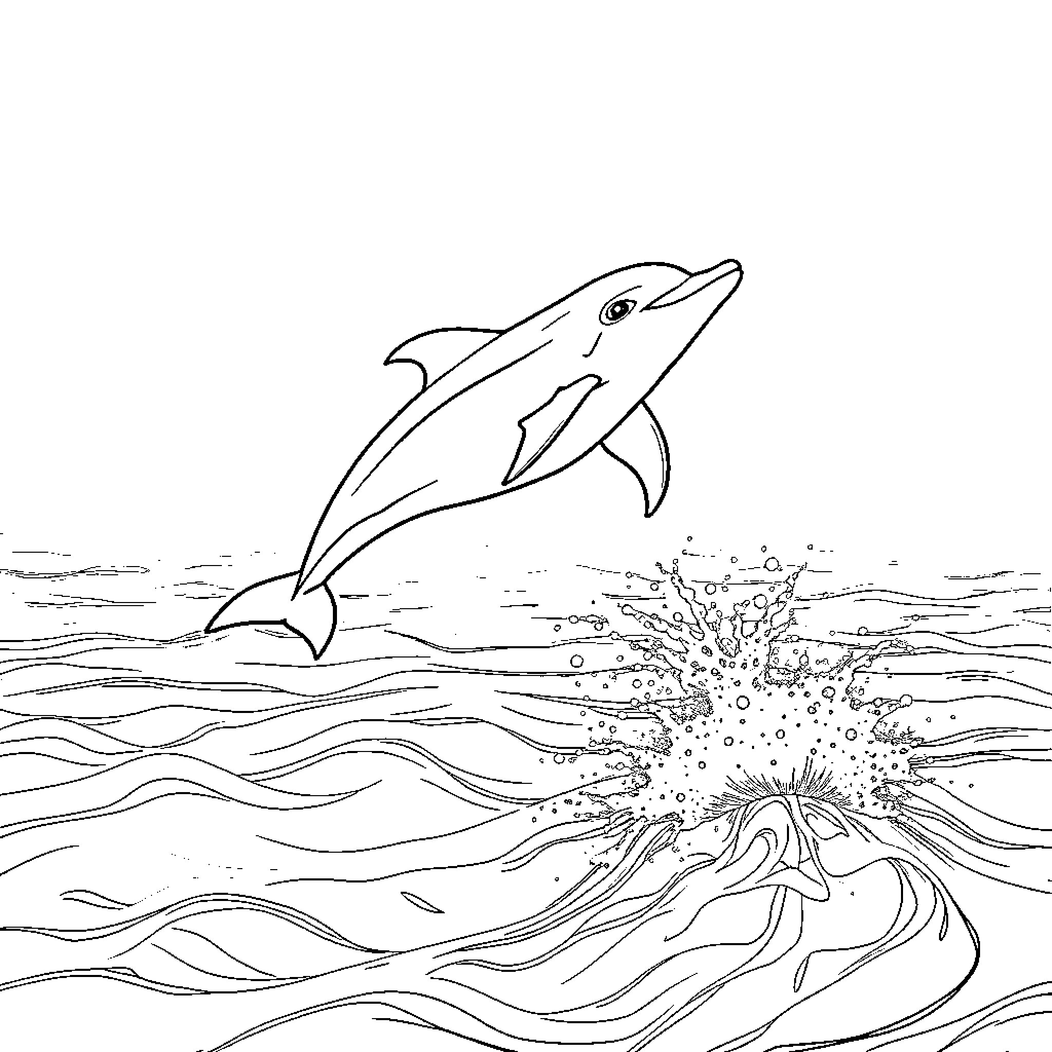Dolphin leaping out of the waves Coloring Page (free black-and-white line drawing printable PDF for all, from beginners to advanced learners, including children, teens, adults, and seniors)