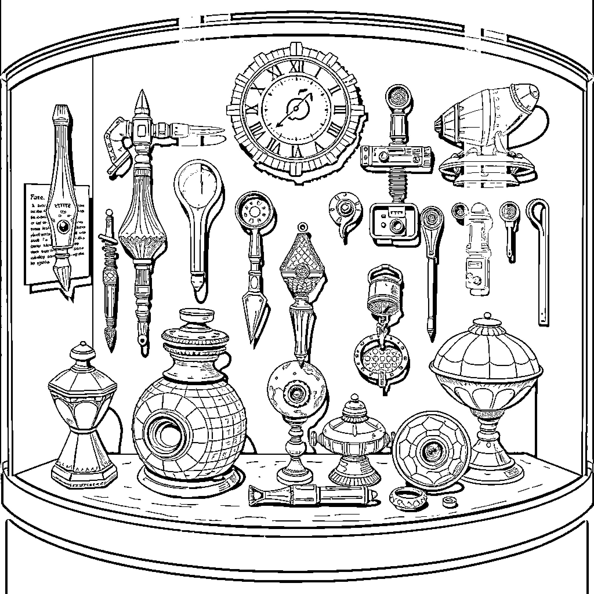 Artifact of Assorted Antique and Vintage Items Coloring Page (free black-and-white line drawing printable PDF for all, from beginners to advanced learners, including children, teens, adults, and seniors)