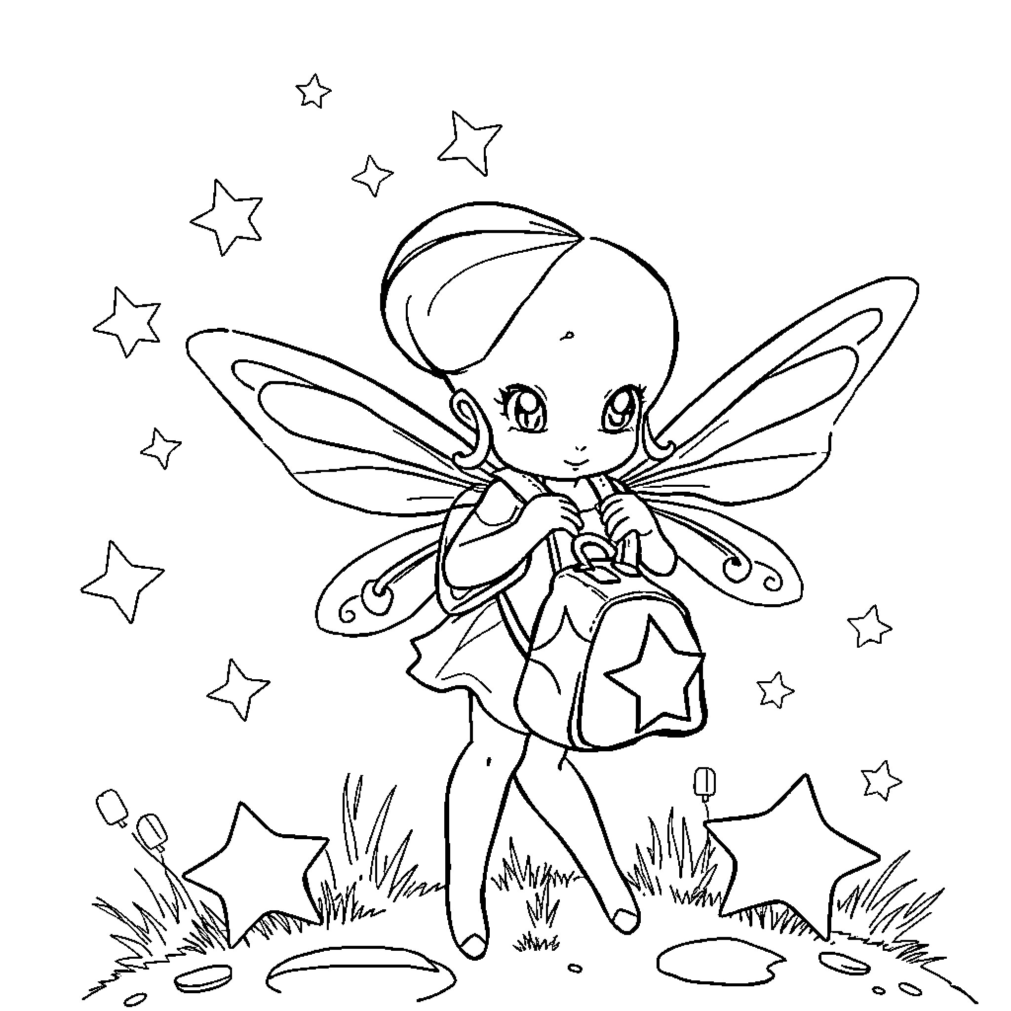 Sparkle Fairy Dances with Stars in Field Coloring Page (free black-and-white line drawing printable PDF for all, from beginners to advanced learners, including children, teens, adults, and seniors)