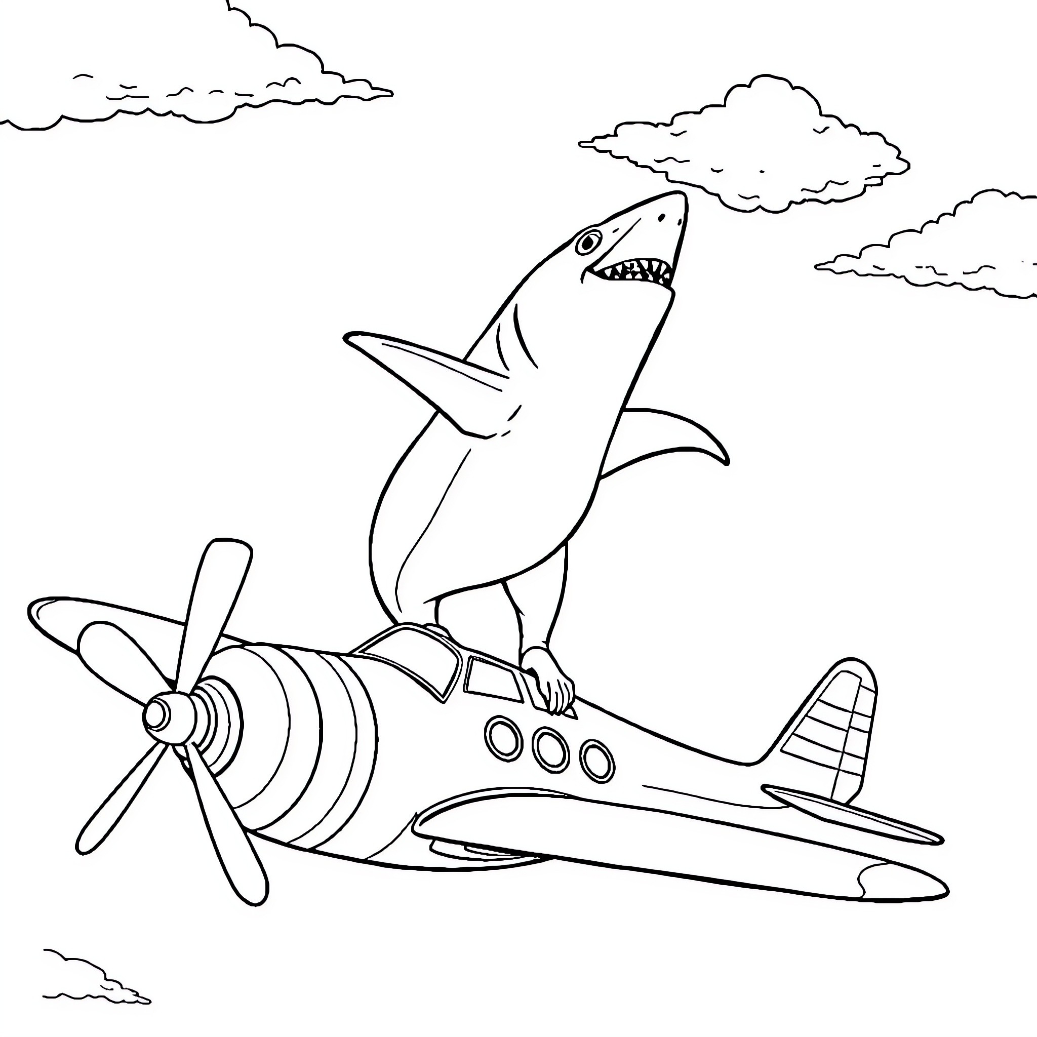 Shark riding a vintage airplane in the sky Coloring Page (free black-and-white line drawing printable PDF for all, from beginners to advanced learners, including children, teens, adults, and seniors)