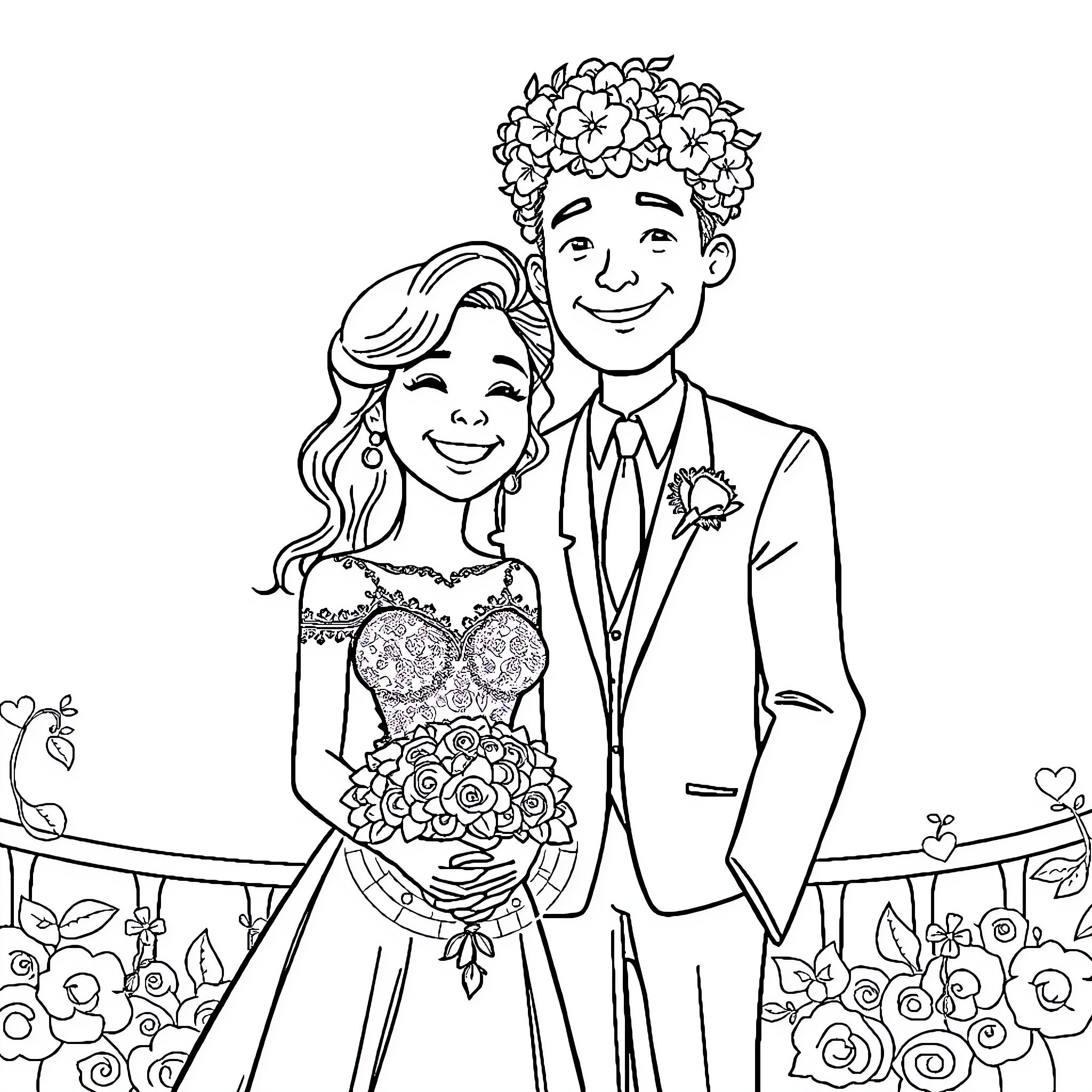 Couple Celebrating Their Wedding Day Coloring Page (free black-and-white line drawing printable PDF for all, from beginners to advanced learners, including children, teens, adults, and seniors)