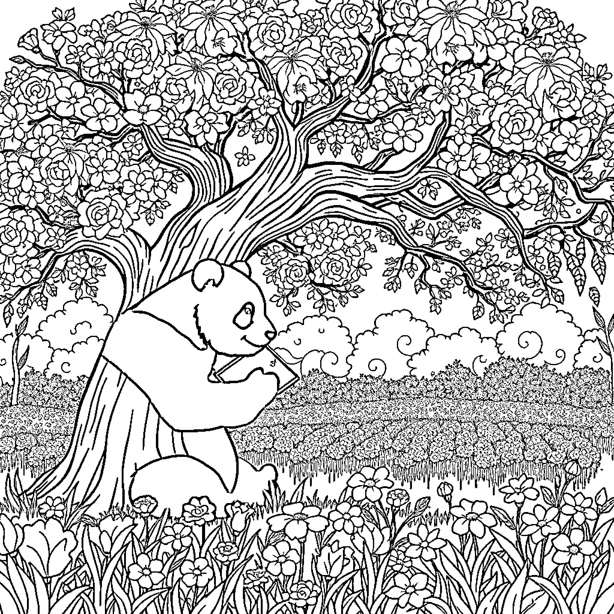Unicorn resting in a whimsical floral meadow Coloring Page (free black-and-white line drawing printable PDF for all, from beginners to advanced learners, including children, teens, adults, and seniors)