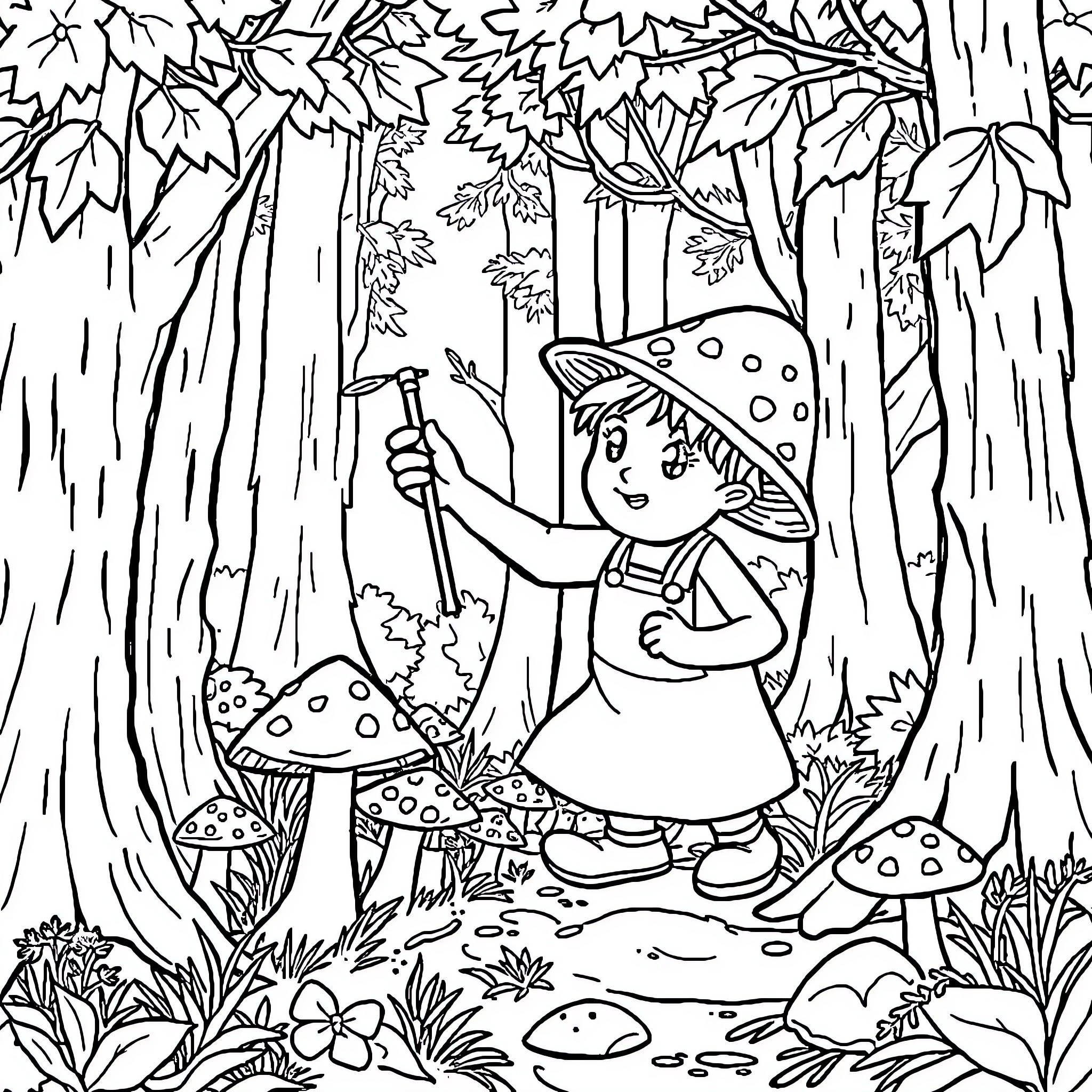 Wild Boar Ventures into the Enchanting Forest Coloring Page (free black-and-white line drawing printable PDF for all, from beginners to advanced learners, including children, teens, adults, and seniors)