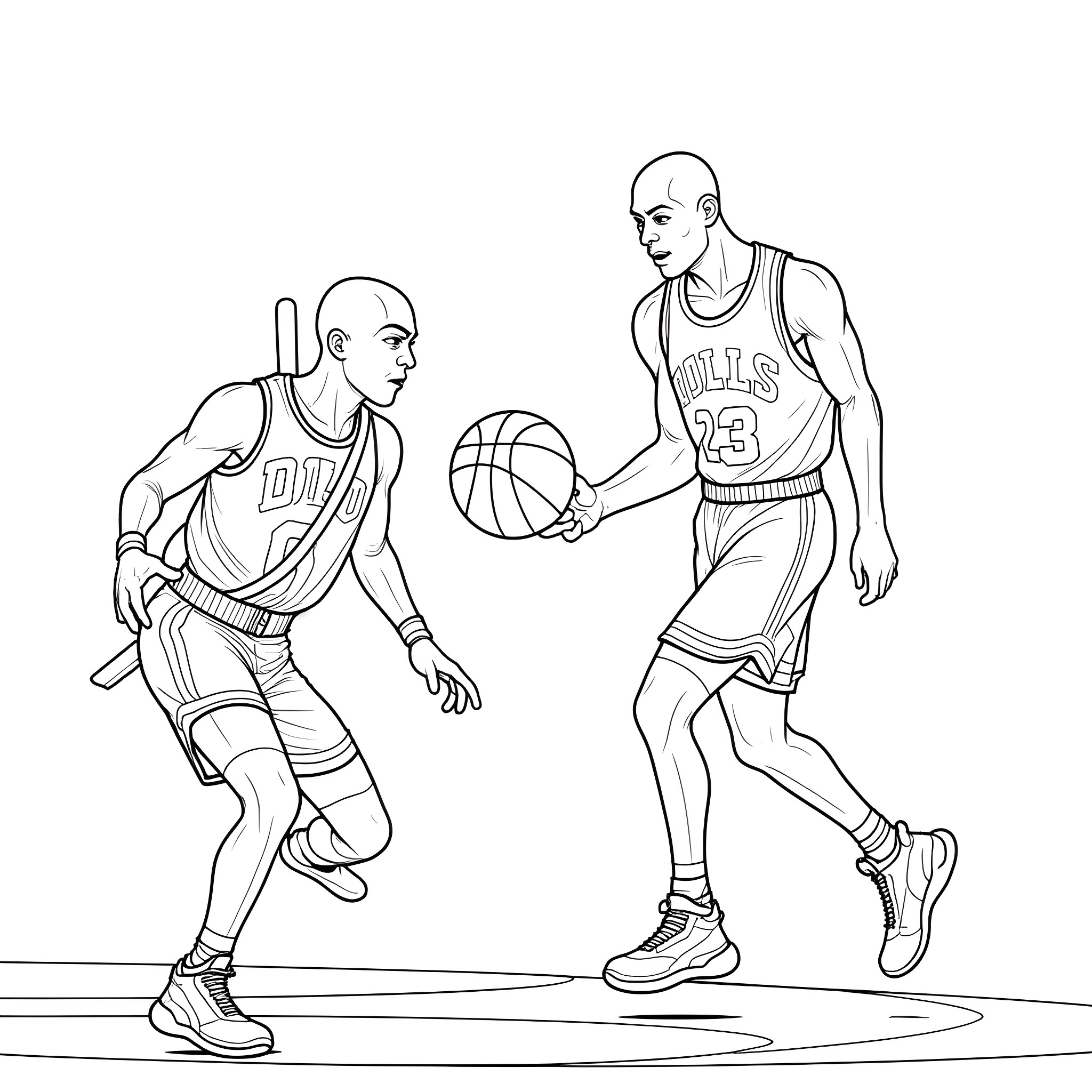 Deadpool basketball players in action Coloring Page (free black-and-white line drawing printable PDF for all, from beginners to advanced learners, including children, teens, adults, and seniors)