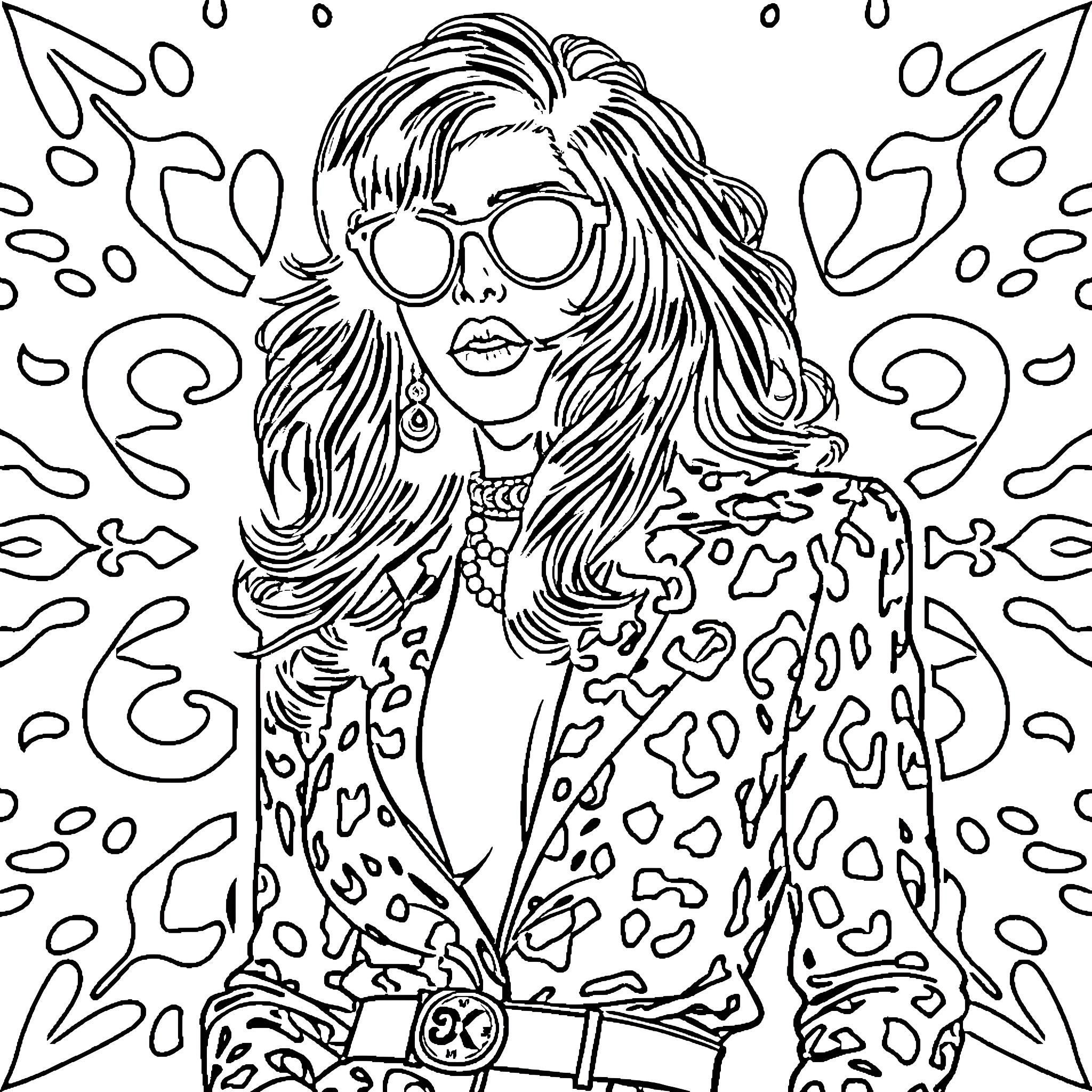 Cher in a stylized, abstract portrait Coloring Page (free black-and-white line drawing printable PDF for all, from beginners to advanced learners, including children, teens, adults, and seniors)