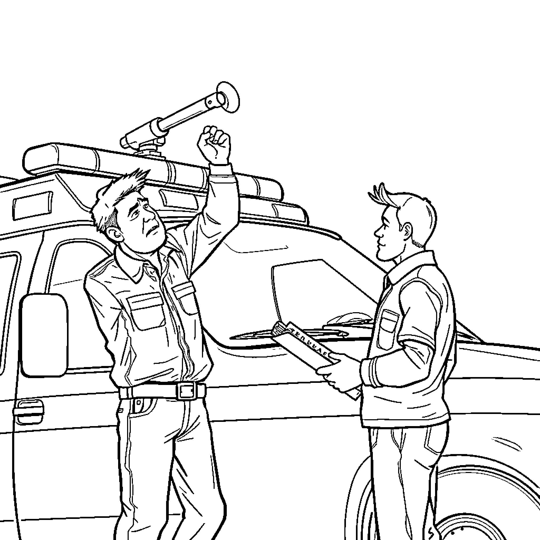 Radio Technicians Repairing Emergency Vehicle Coloring Page (free black-and-white line drawing printable PDF for all, from beginners to advanced learners, including children, teens, adults, and seniors)