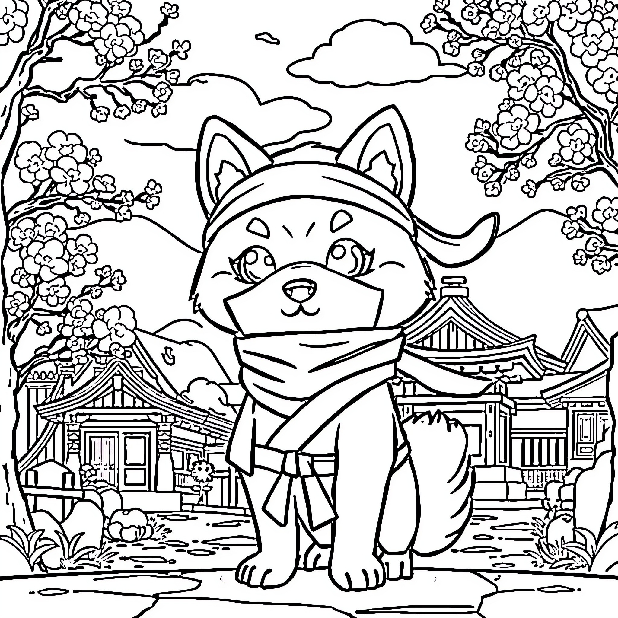 Shiba Inu exploring traditional Japanese village Coloring Page (free black-and-white line drawing printable PDF for all, from beginners to advanced learners, including children, teens, adults, and seniors)