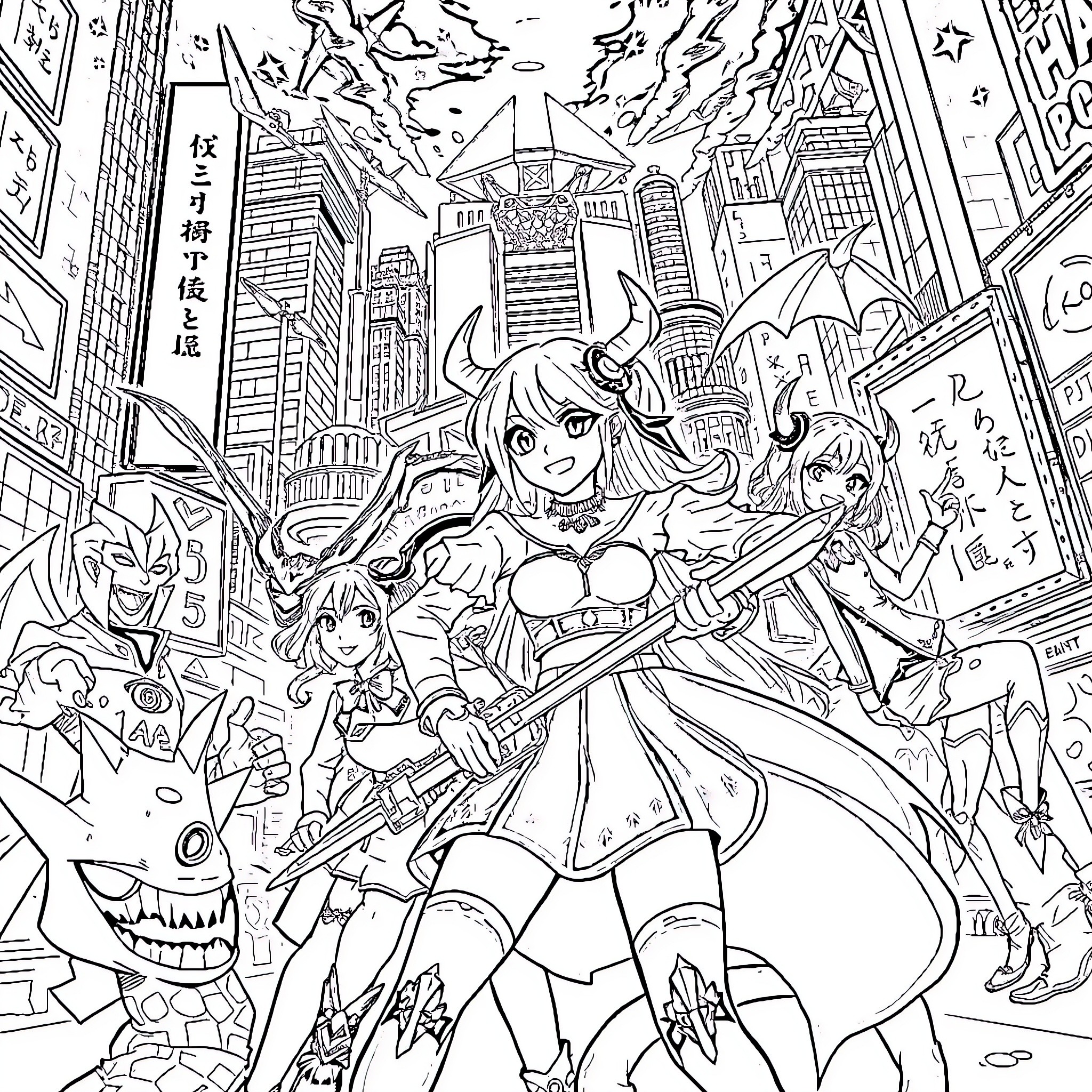 Rumi's Thrilling Adventure in the Anime City Coloring Page (free black-and-white line drawing printable PDF for all, from beginners to advanced learners, including children, teens, adults, and seniors)