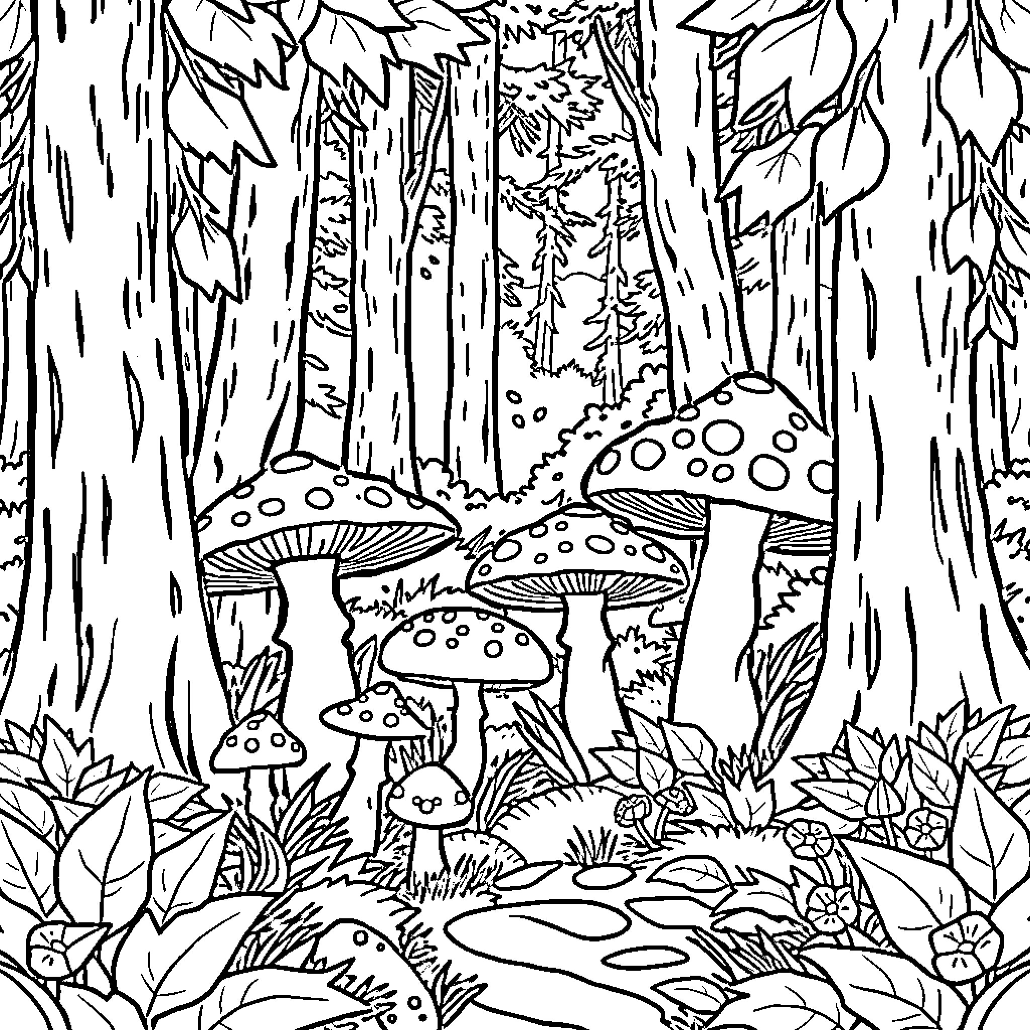 Mushroom Forest Fantasy Scene Coloring Page (free black-and-white line drawing printable PDF for all, from beginners to advanced learners, including children, teens, adults, and seniors)