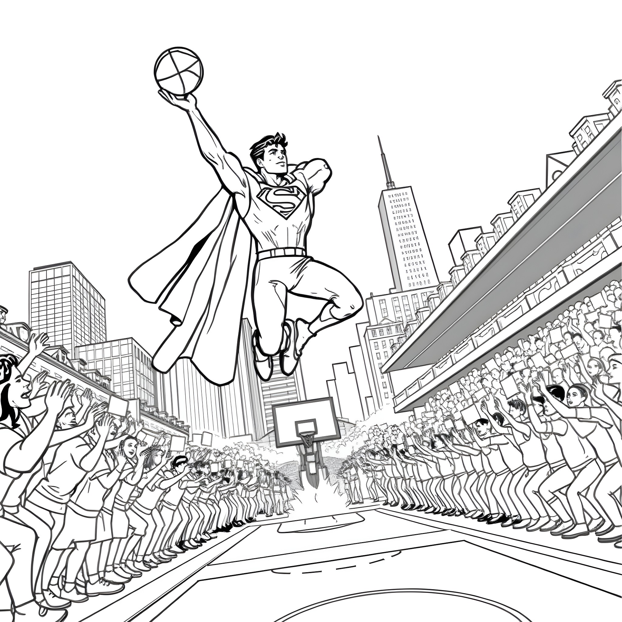 Superman Soaring Over Cheering Crowd in the City Coloring Page (free black-and-white line drawing printable PDF for all, from beginners to advanced learners, including children, teens, adults, and seniors)