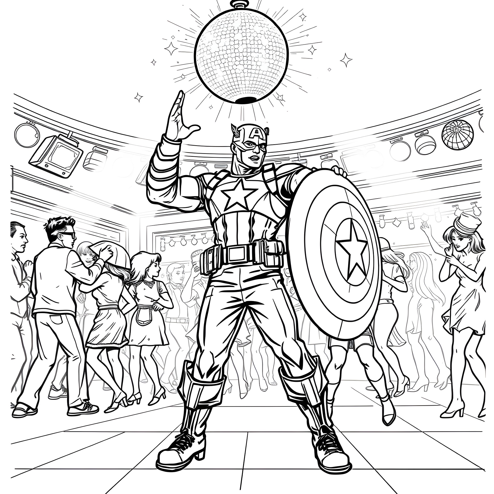 Captain America Leads the Disco Dance Party Coloring Page (free black-and-white line drawing printable PDF for all, from beginners to advanced learners, including children, teens, adults, and seniors)