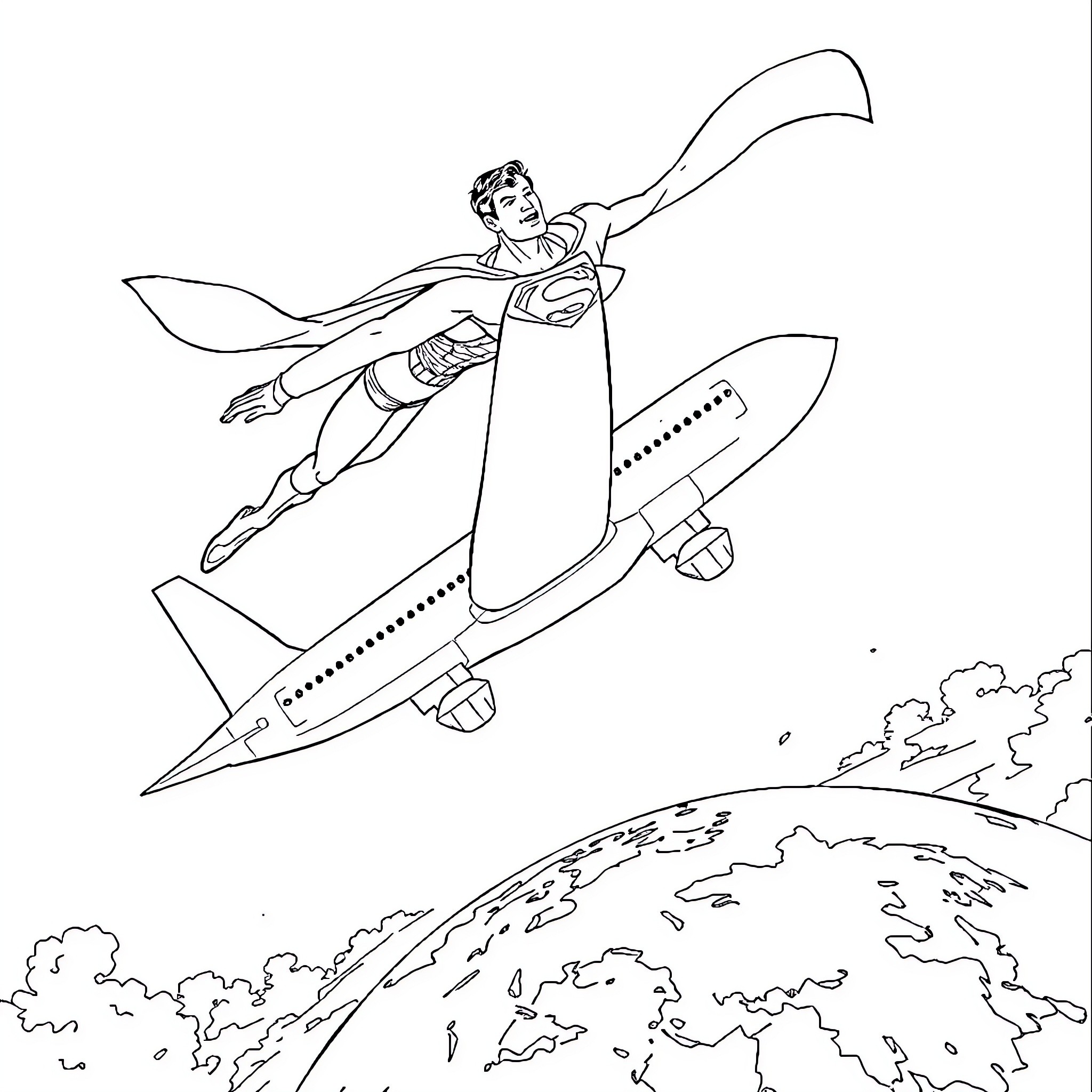 Superman soaring over the world on a rocket Coloring Page (free black-and-white line drawing printable PDF for all, from beginners to advanced learners, including children, teens, adults, and seniors)