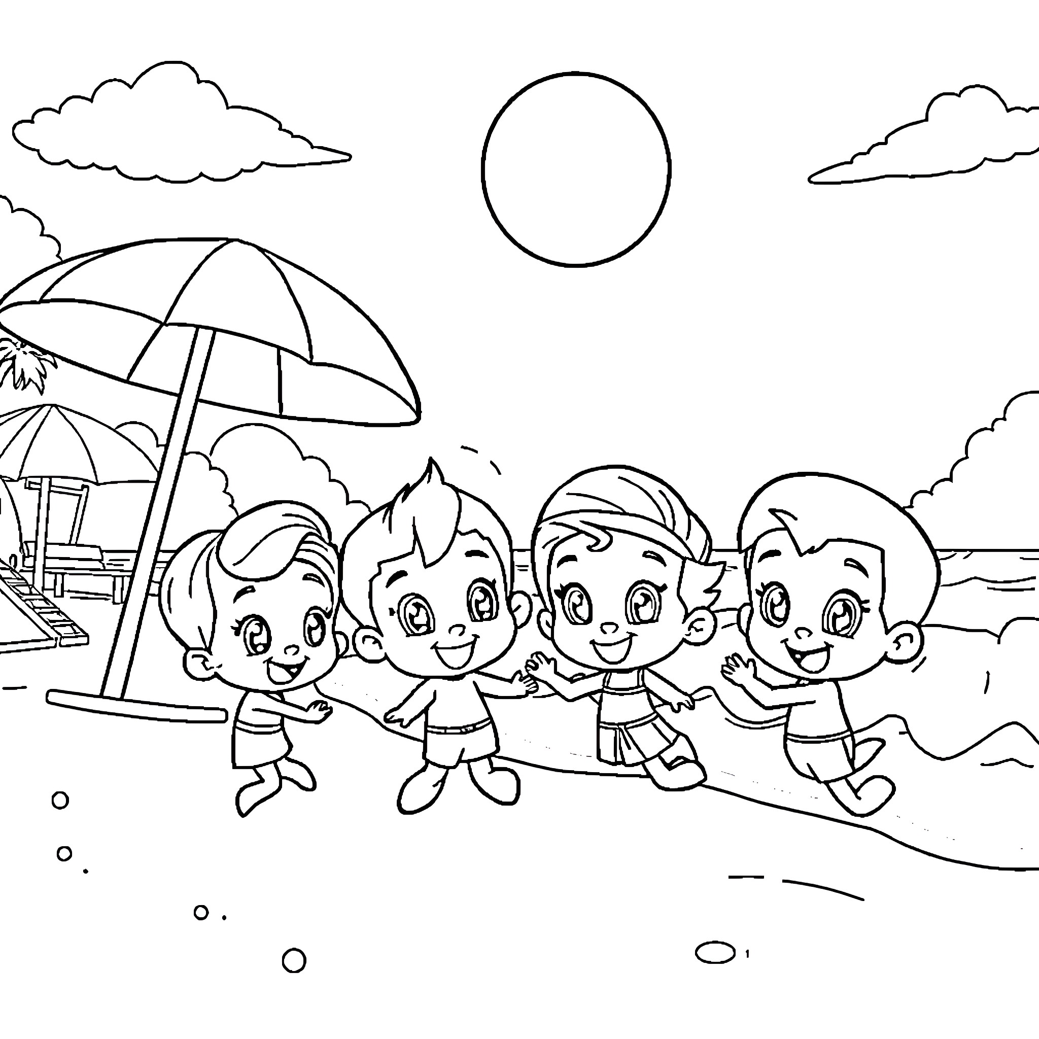 Bubble Guppies playing joyfully at the beach Coloring Page (free black-and-white line drawing printable PDF for all, from beginners to advanced learners, including children, teens, adults, and seniors)