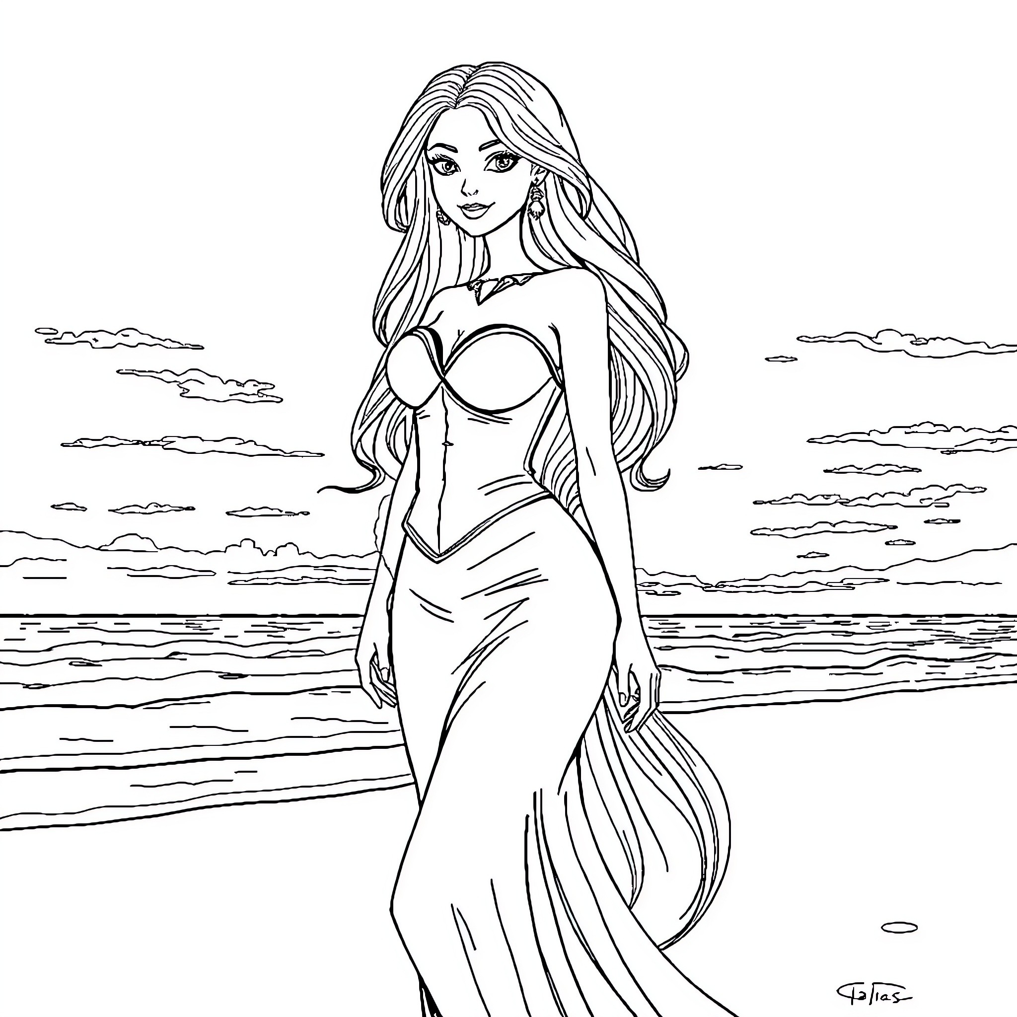 Princess strolling gracefully by the ocean Coloring Page (free black-and-white line drawing printable PDF for all, from beginners to advanced learners, including children, teens, adults, and seniors)