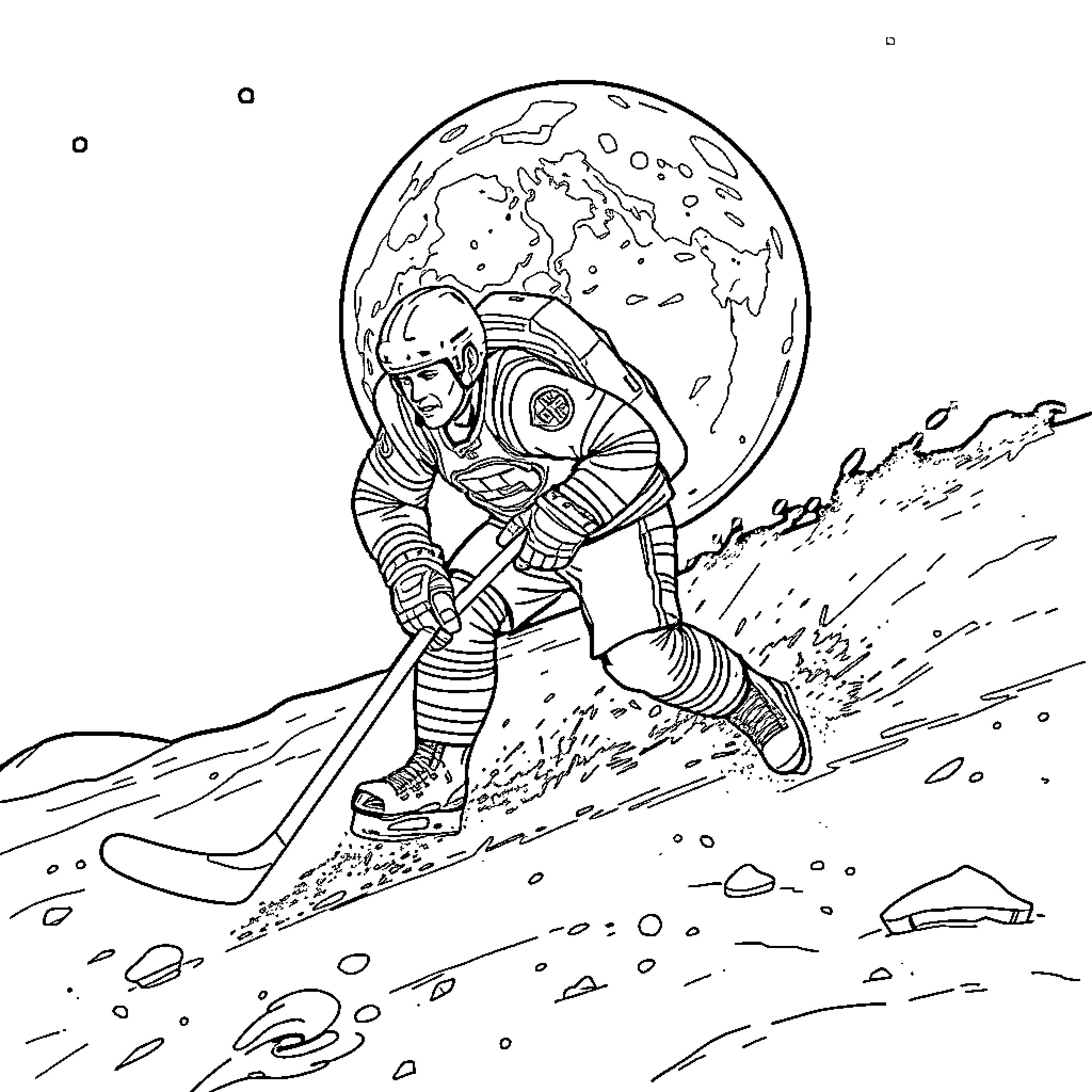 Hockey Player Skiing Down Snowy Mountain Coloring Page (free black-and-white line drawing printable PDF for all, from beginners to advanced learners, including children, teens, adults, and seniors)