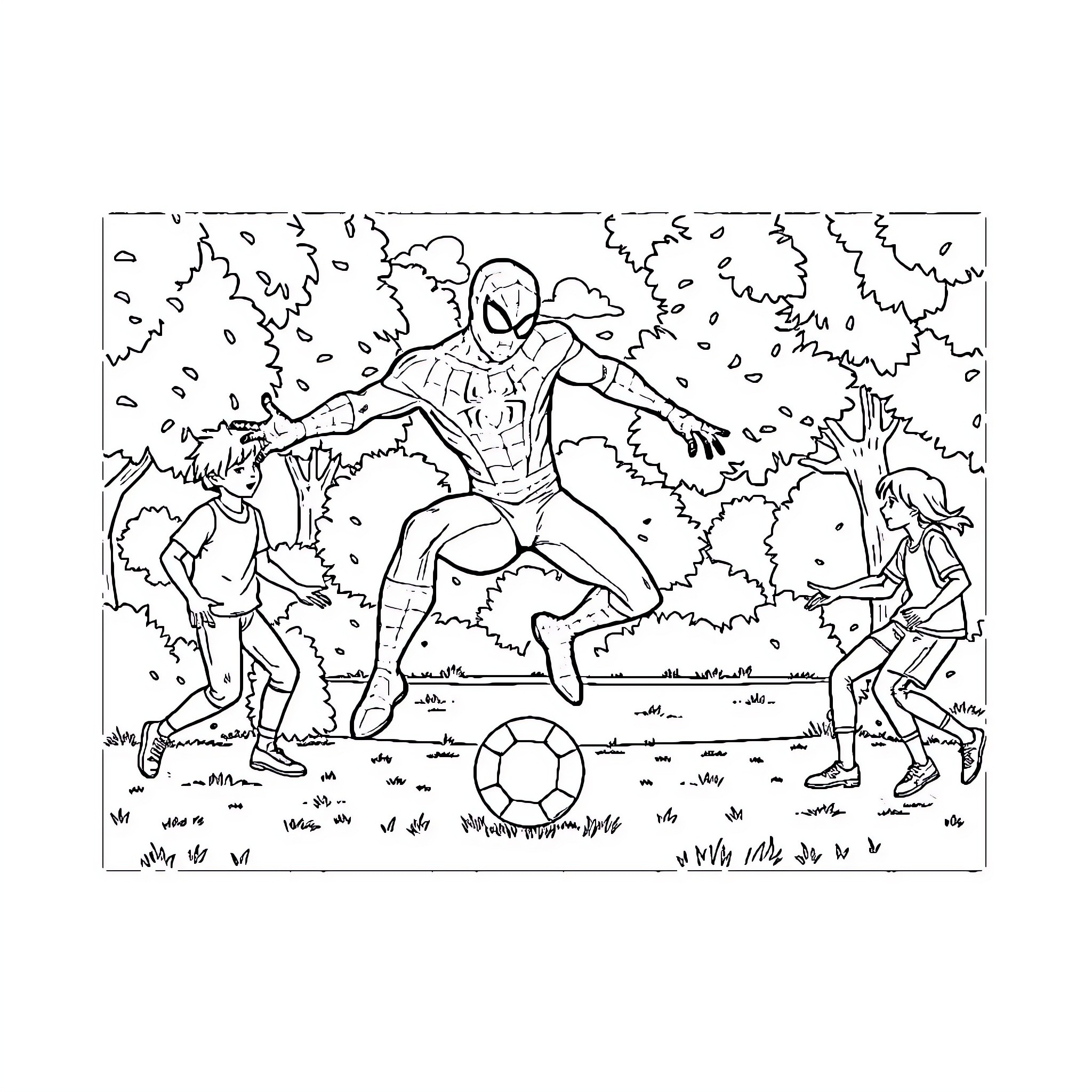 Spiderman saving drowning children in the water Coloring Page (free black-and-white line drawing printable PDF for all, from beginners to advanced learners, including children, teens, adults, and seniors)