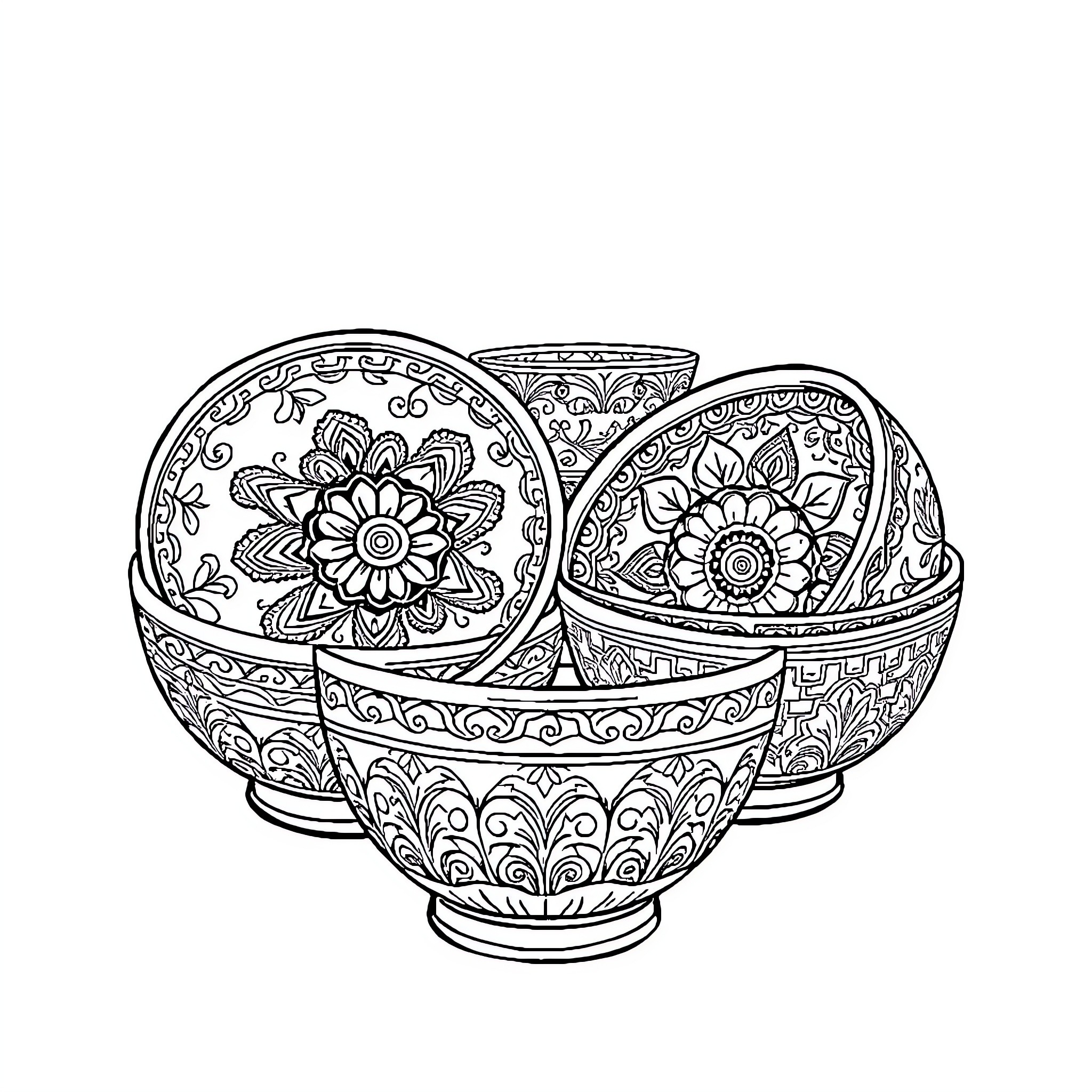 Bowl of Decorative Floral Patterned Dishes Coloring Page (free black-and-white line drawing printable PDF for all, from beginners to advanced learners, including children, teens, adults, and seniors)