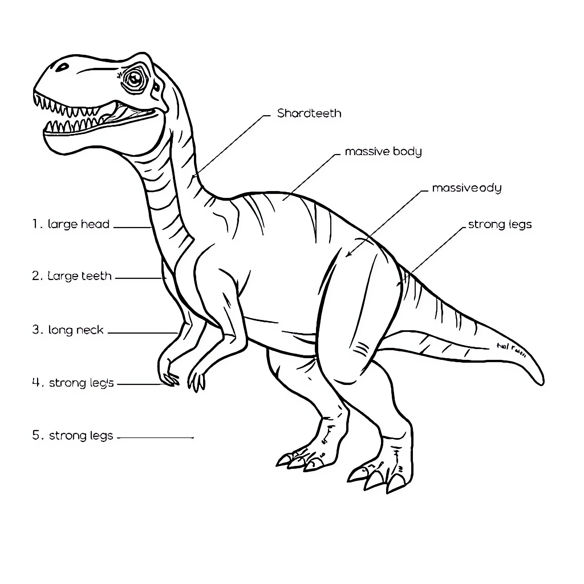 Dinosaur anatomy diagram with labeled features Coloring Page (free black-and-white line drawing printable PDF for all, from beginners to advanced learners, including children, teens, adults, and seniors)