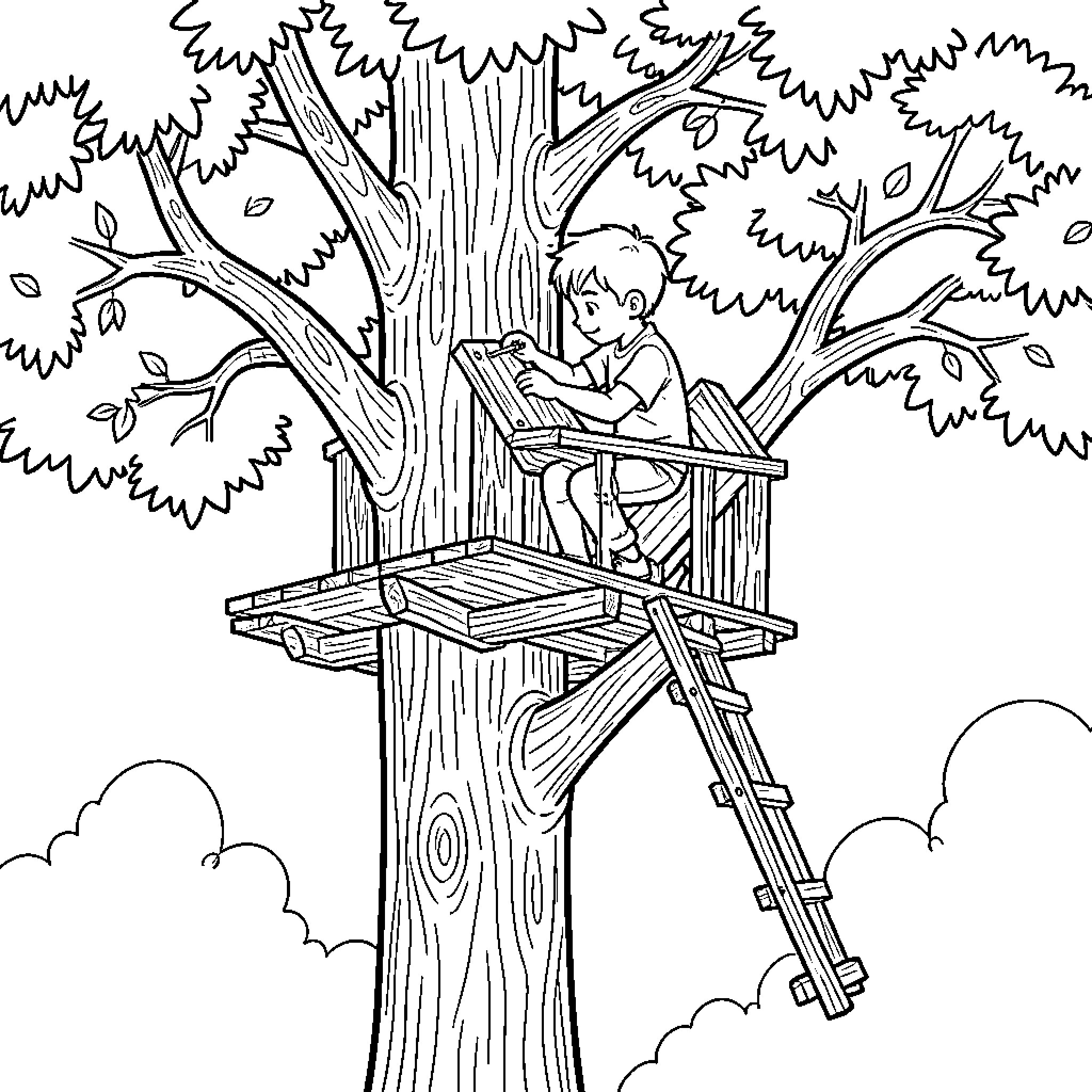 Boy sitting in a wooden treehouse playing Coloring Page (free black-and-white line drawing printable PDF for all, from beginners to advanced learners, including children, teens, adults, and seniors)