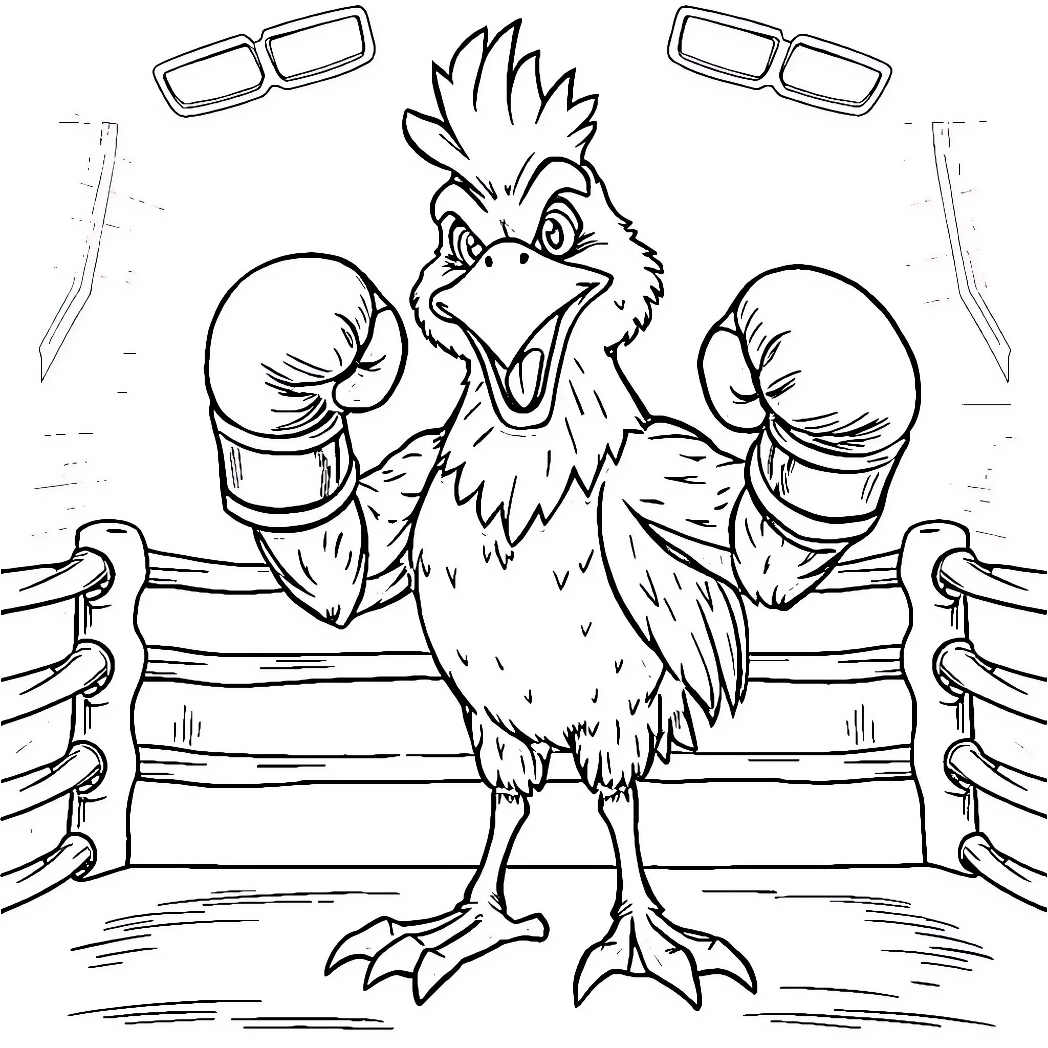 Bird boxer in the fighting ring Coloring Page (free black-and-white line drawing printable PDF for all, from beginners to advanced learners, including children, teens, adults, and seniors)