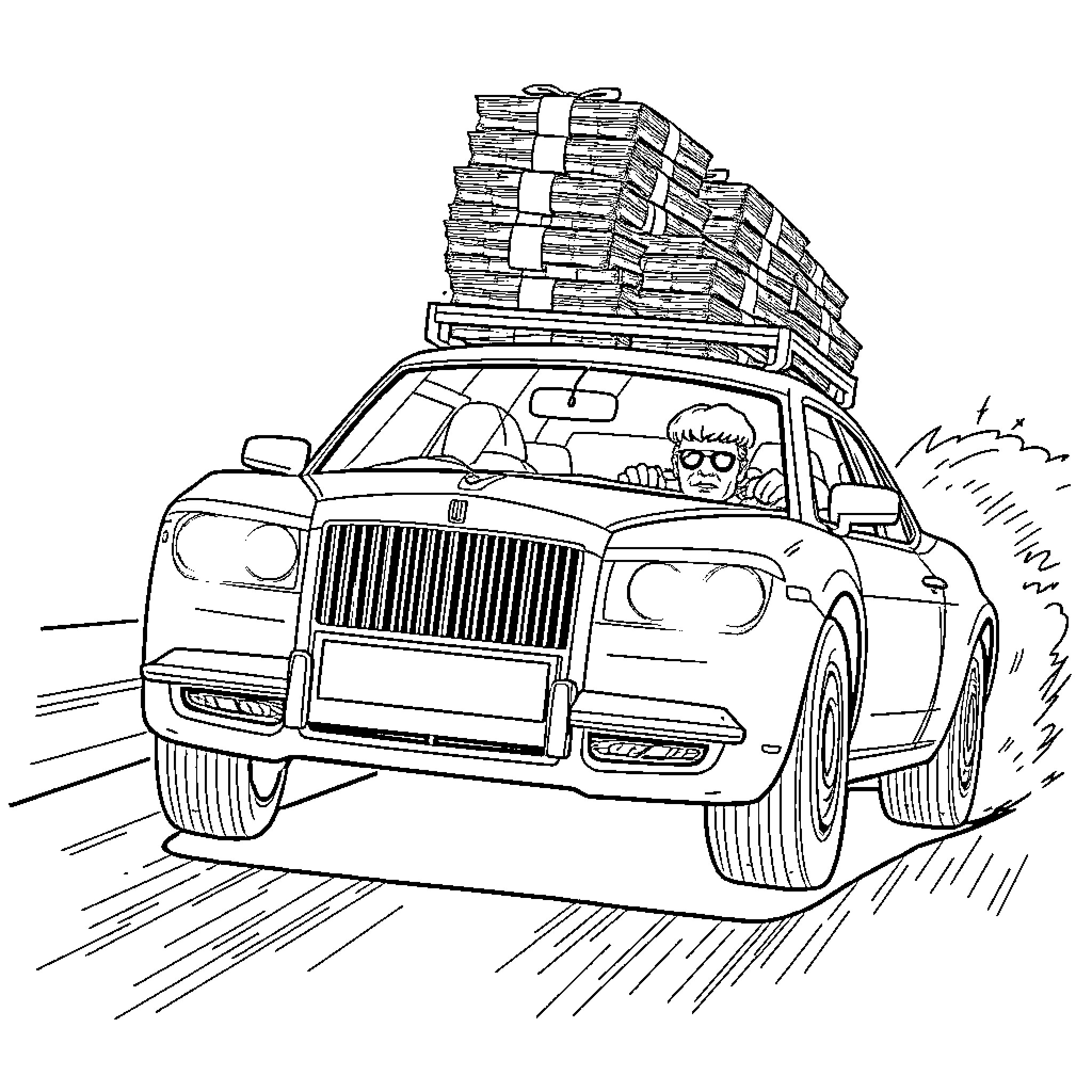 Bad Guys in a Hurry with Loaded Car Coloring Page (free black-and-white line drawing printable PDF for all, from beginners to advanced learners, including children, teens, adults, and seniors)