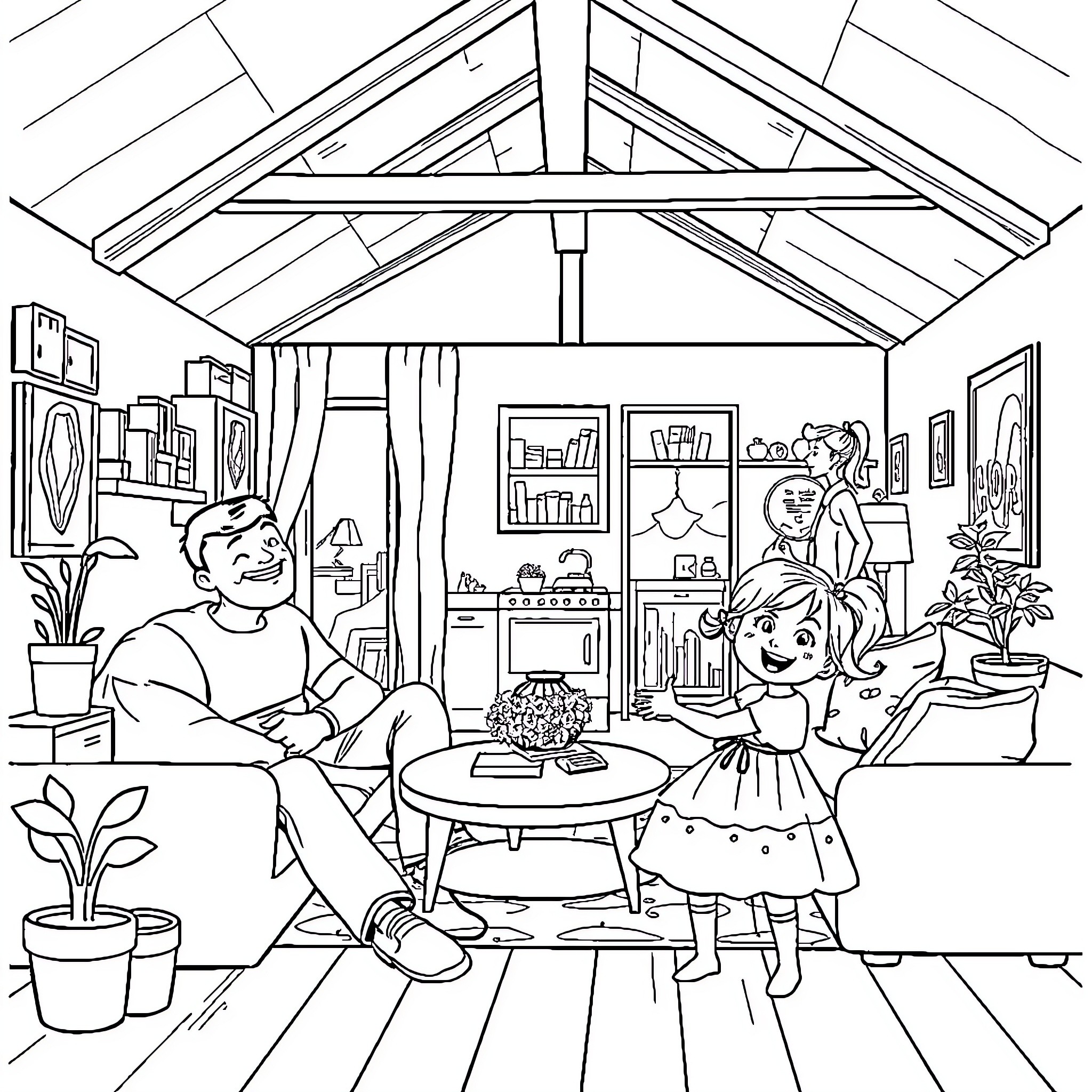 House of a happy family gathered in the living room Coloring Page (free black-and-white line drawing printable PDF for all, from beginners to advanced learners, including children, teens, adults, and seniors)