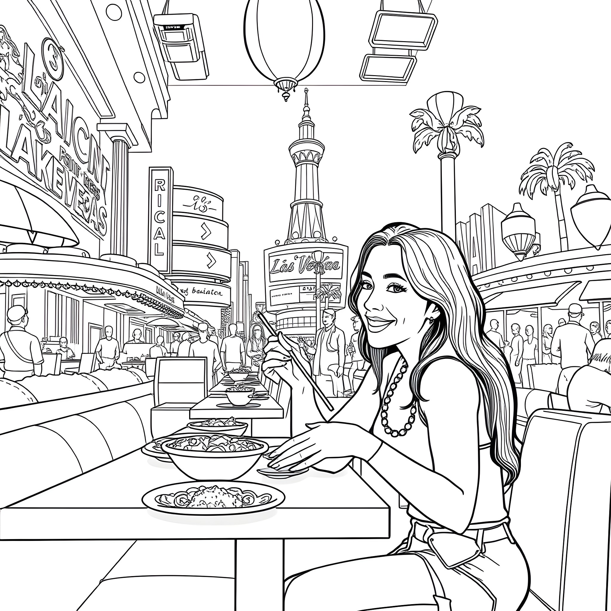Olivia Rodrigo Dining at a Bustling City Restaurant Coloring Page (free black-and-white line drawing printable PDF for all, from beginners to advanced learners, including children, teens, adults, and seniors)