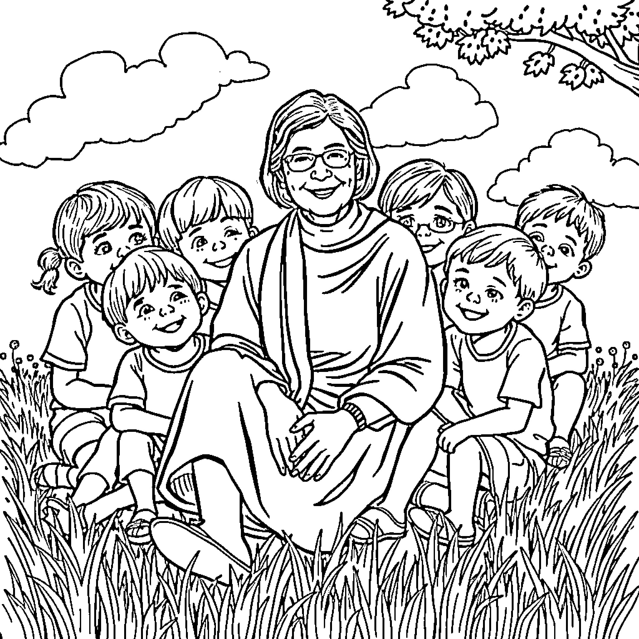 Chiara Lubich surrounded by smiling children in a natural setting Coloring Page (free black-and-white line drawing printable PDF for all, from beginners to advanced learners, including children, teens, adults, and seniors)