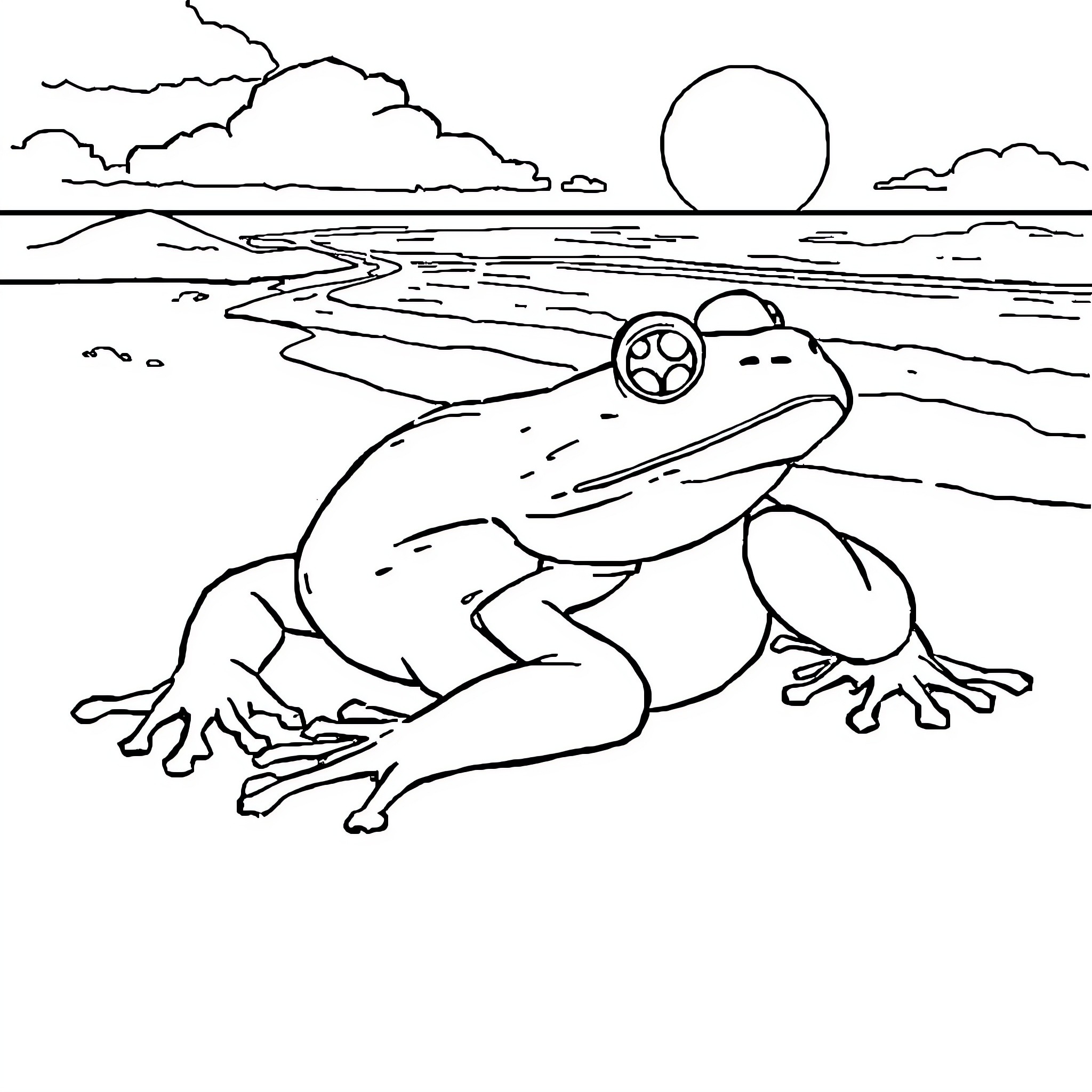 Frog sitting on the beach at sunset Coloring Page (free black-and-white line drawing printable PDF for all, from beginners to advanced learners, including children, teens, adults, and seniors)